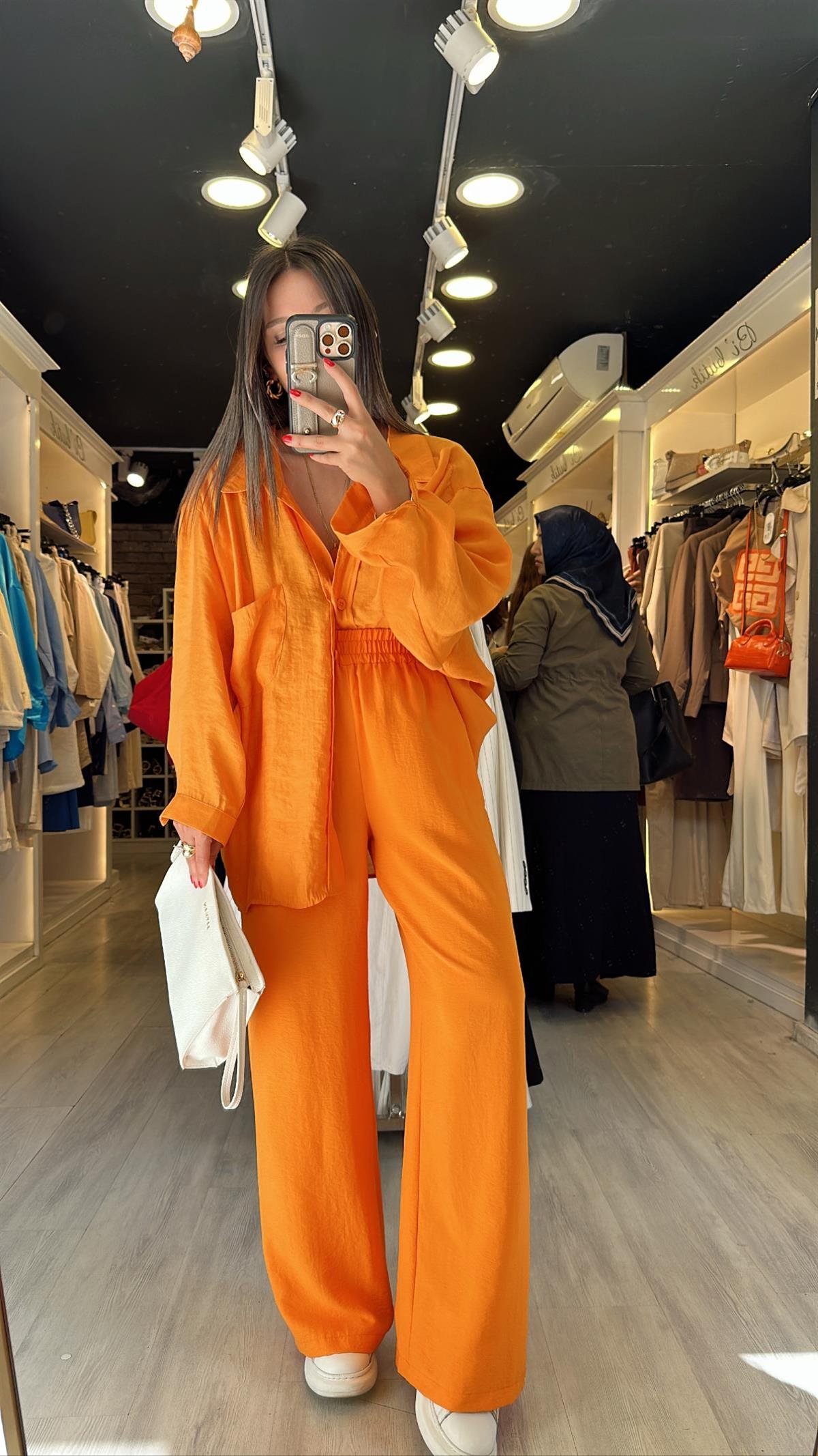 Turuncu Beli Lastikli Tensel Bol Paça Pantolon