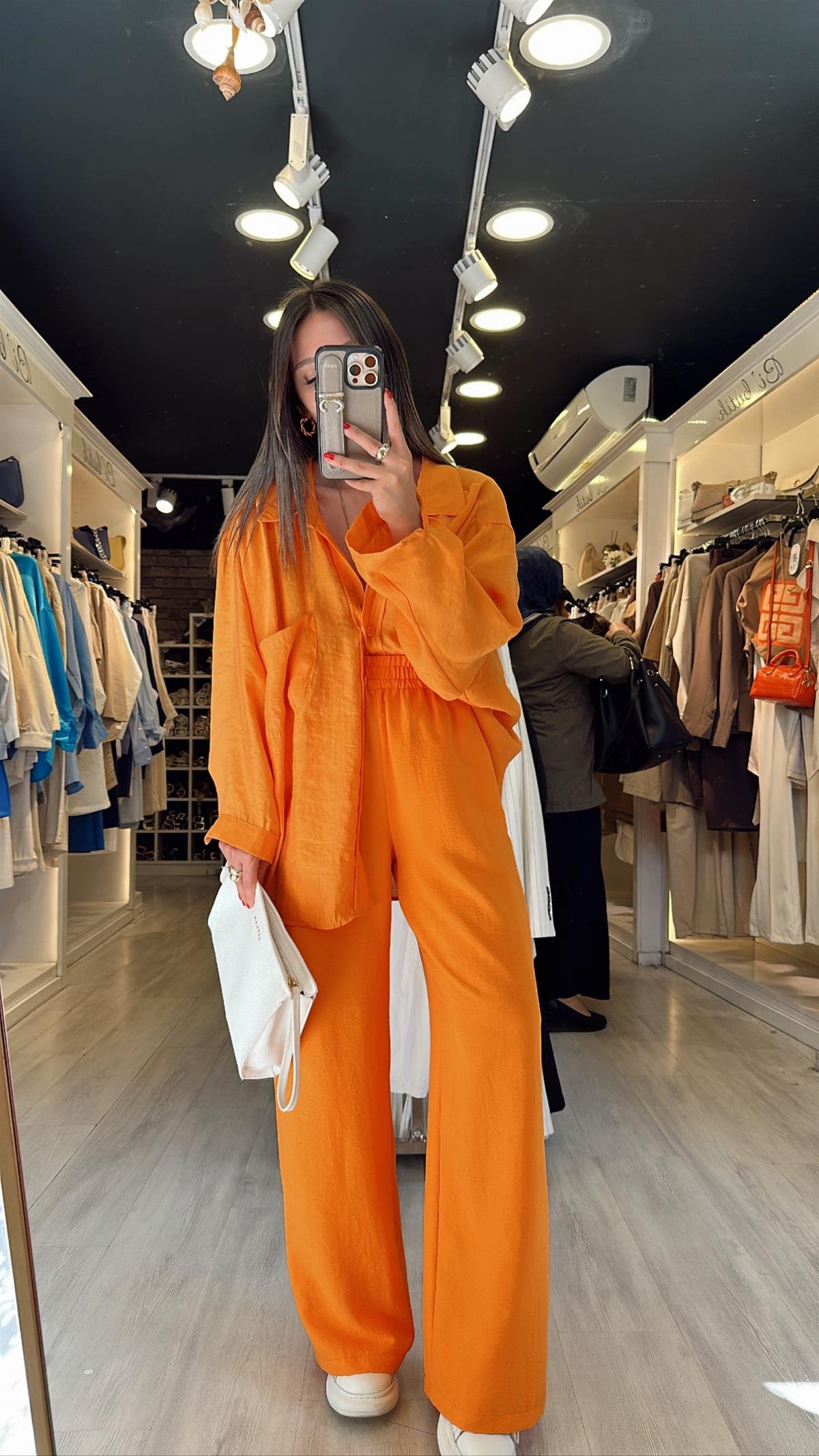 Turuncu Beli Lastikli Tensel Bol Paça Pantolon