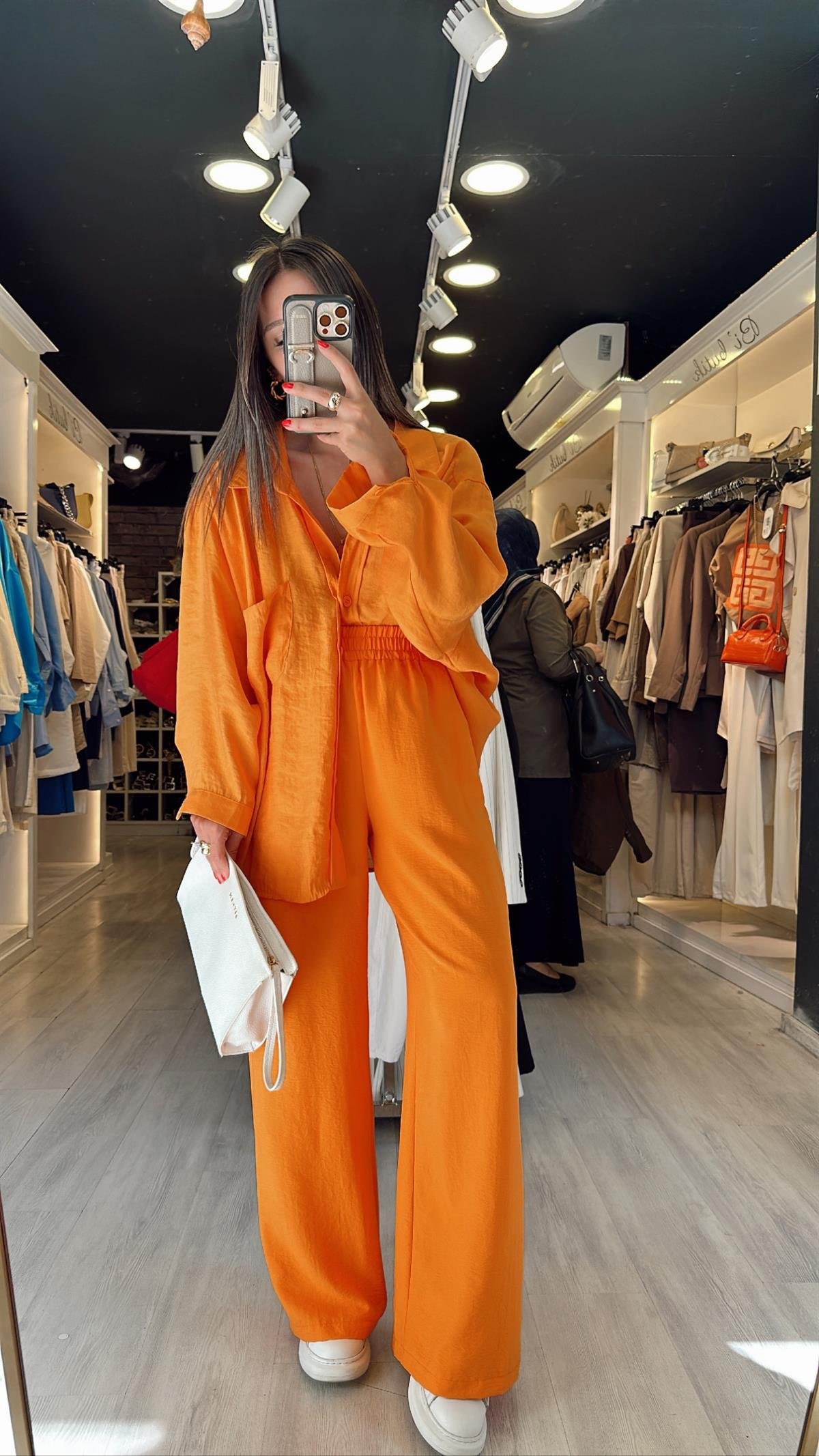 Turuncu Beli Lastikli Tensel Bol Paça Pantolon