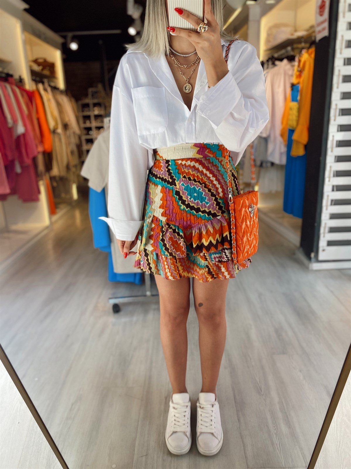 Turuncu Fırfırlı Renk Geçişli Etek