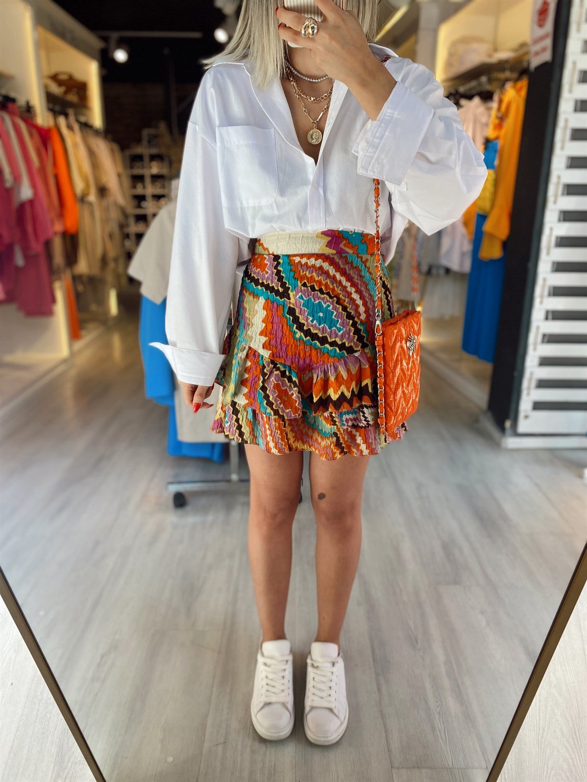 Turuncu Fırfırlı Renk Geçişli Etek