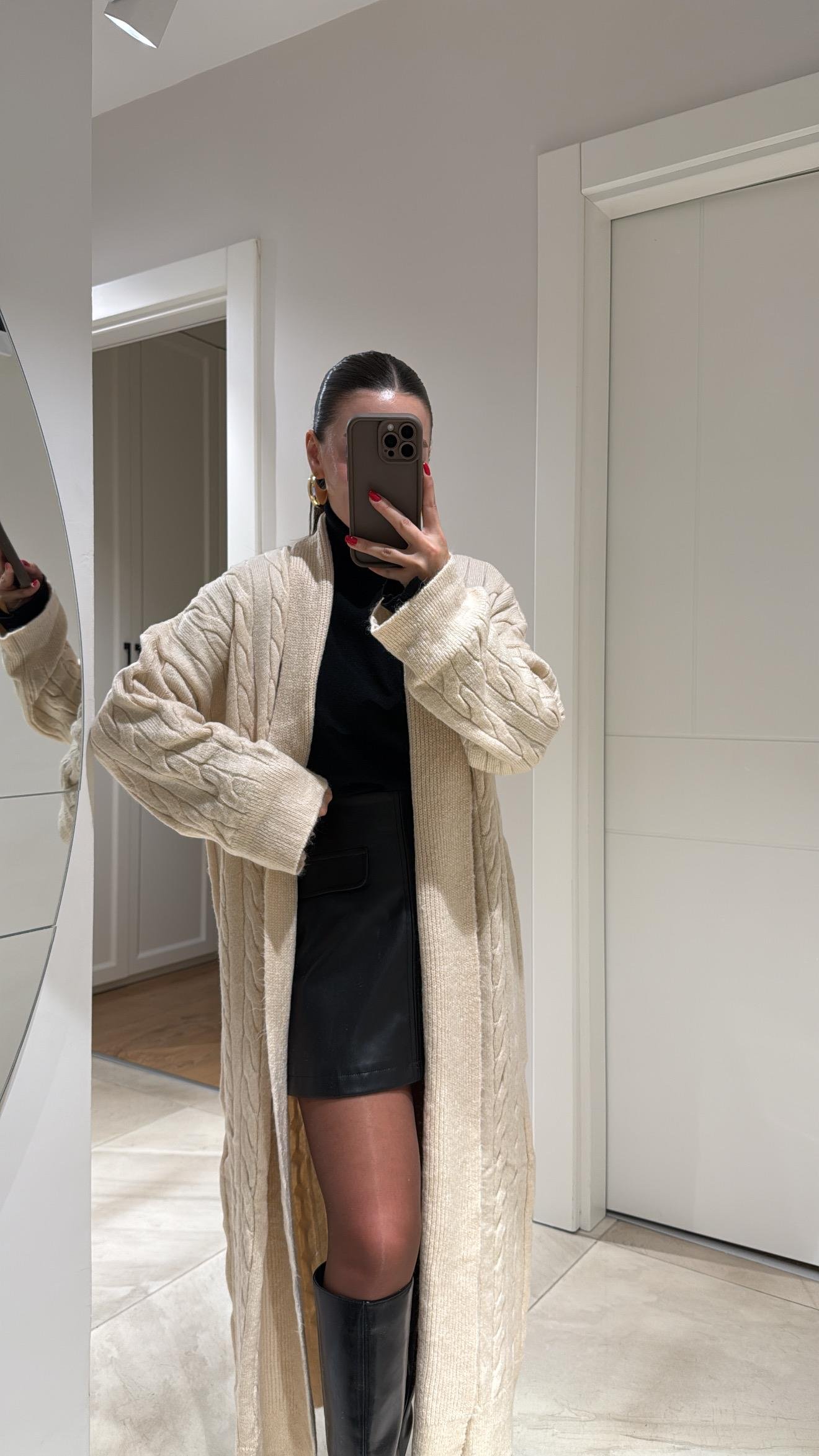 Gri Saç Örgülü Uzun Şal Yaka Triko Hırka