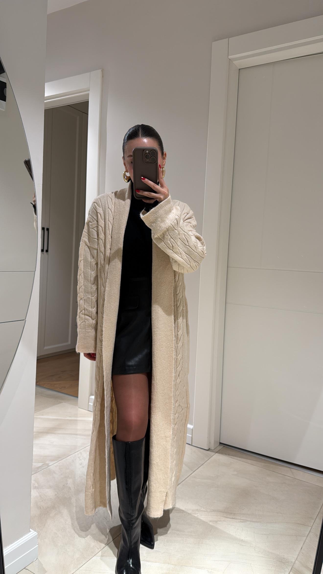 Gri Saç Örgülü Uzun Şal Yaka Triko Hırka