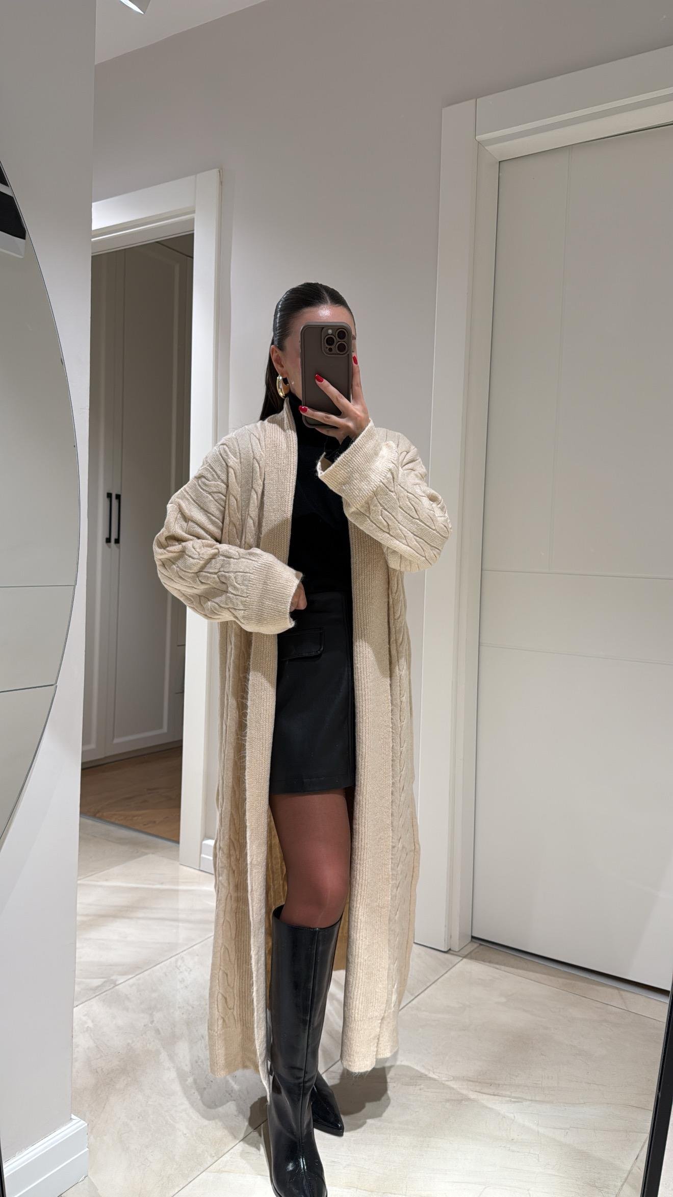 Gri Saç Örgülü Uzun Şal Yaka Triko Hırka