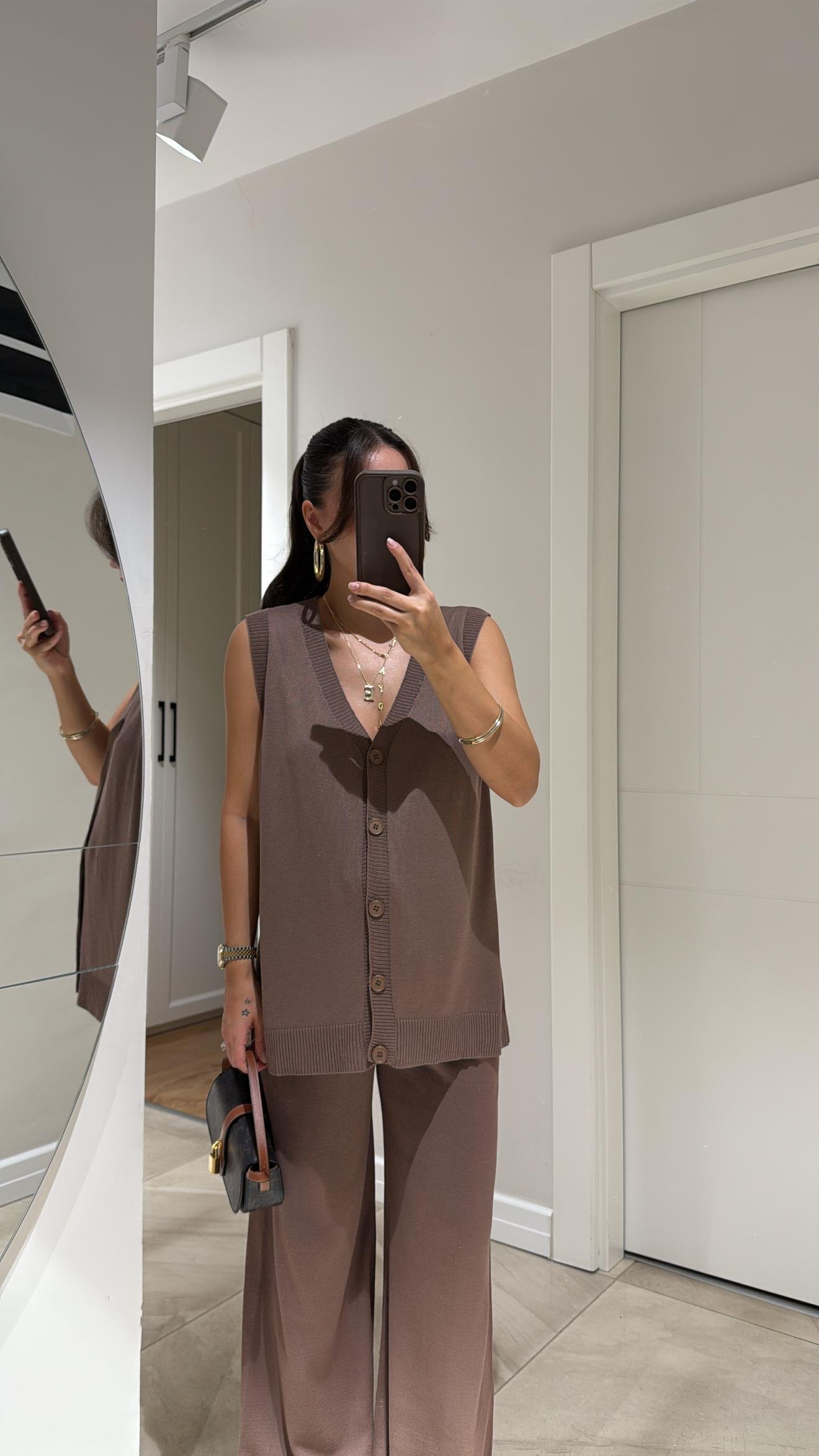 Vizon Ön Düğmeli Yelekli Örme Takım