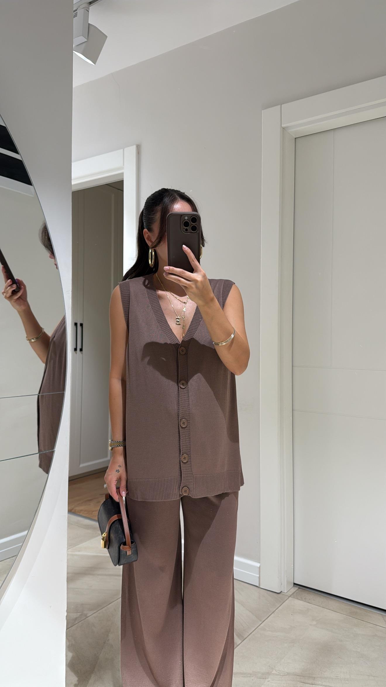 Vizon Ön Düğmeli Yelekli Örme Takım