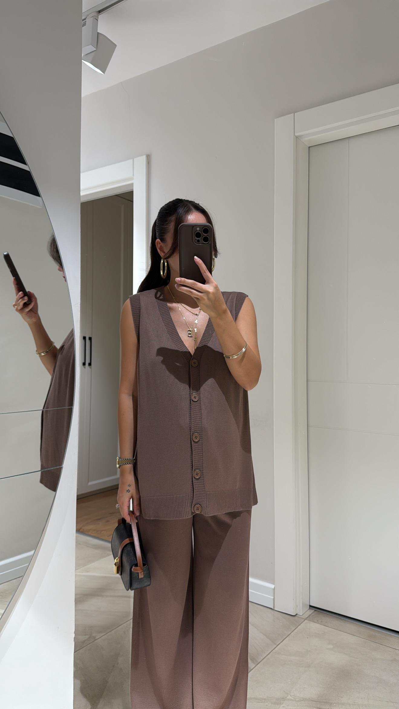 Vizon Ön Düğmeli Yelekli Örme Takım