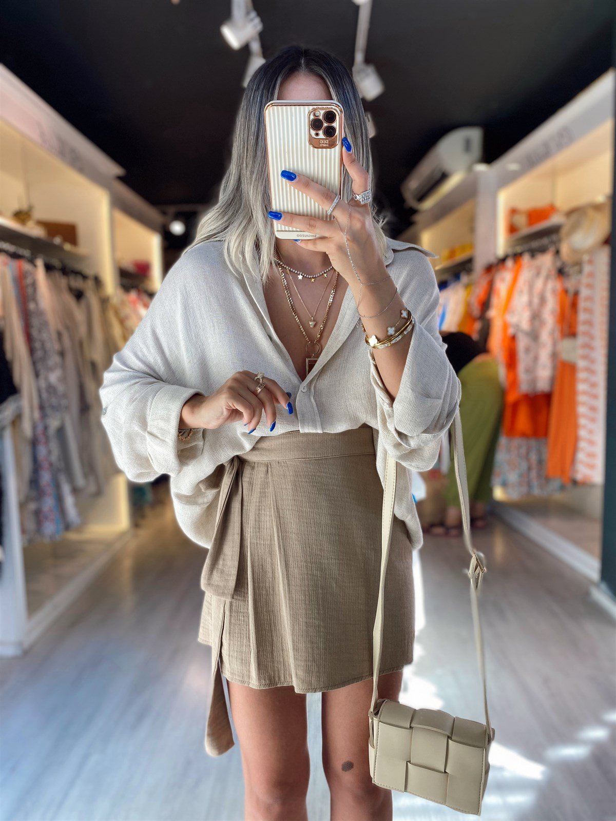 Vizon Renk Bağlamalı Pileli Etek 