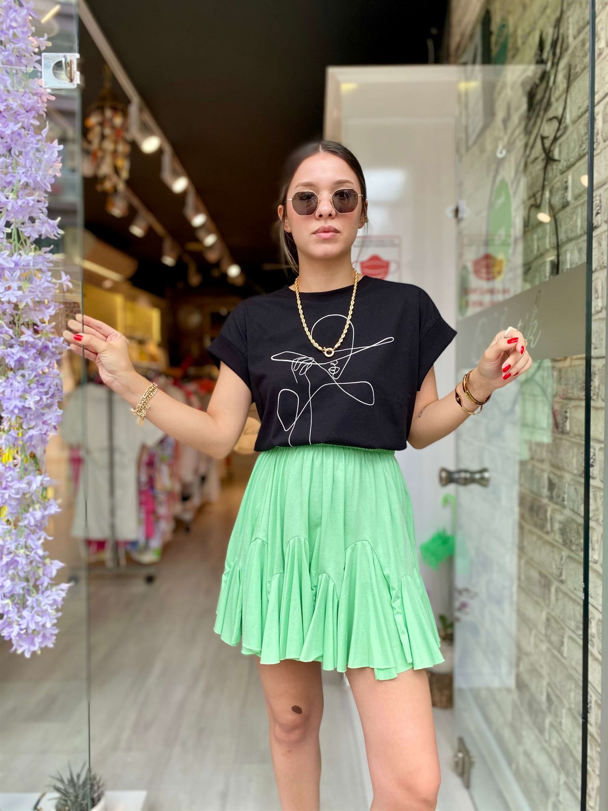 Yeşil Beli Lastikli Fırfırlı Mini Etek