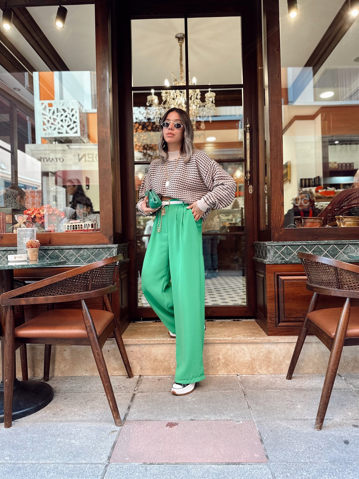 Yeşil Beli Lastikli Krep Kumaş Palazzo Pantolon