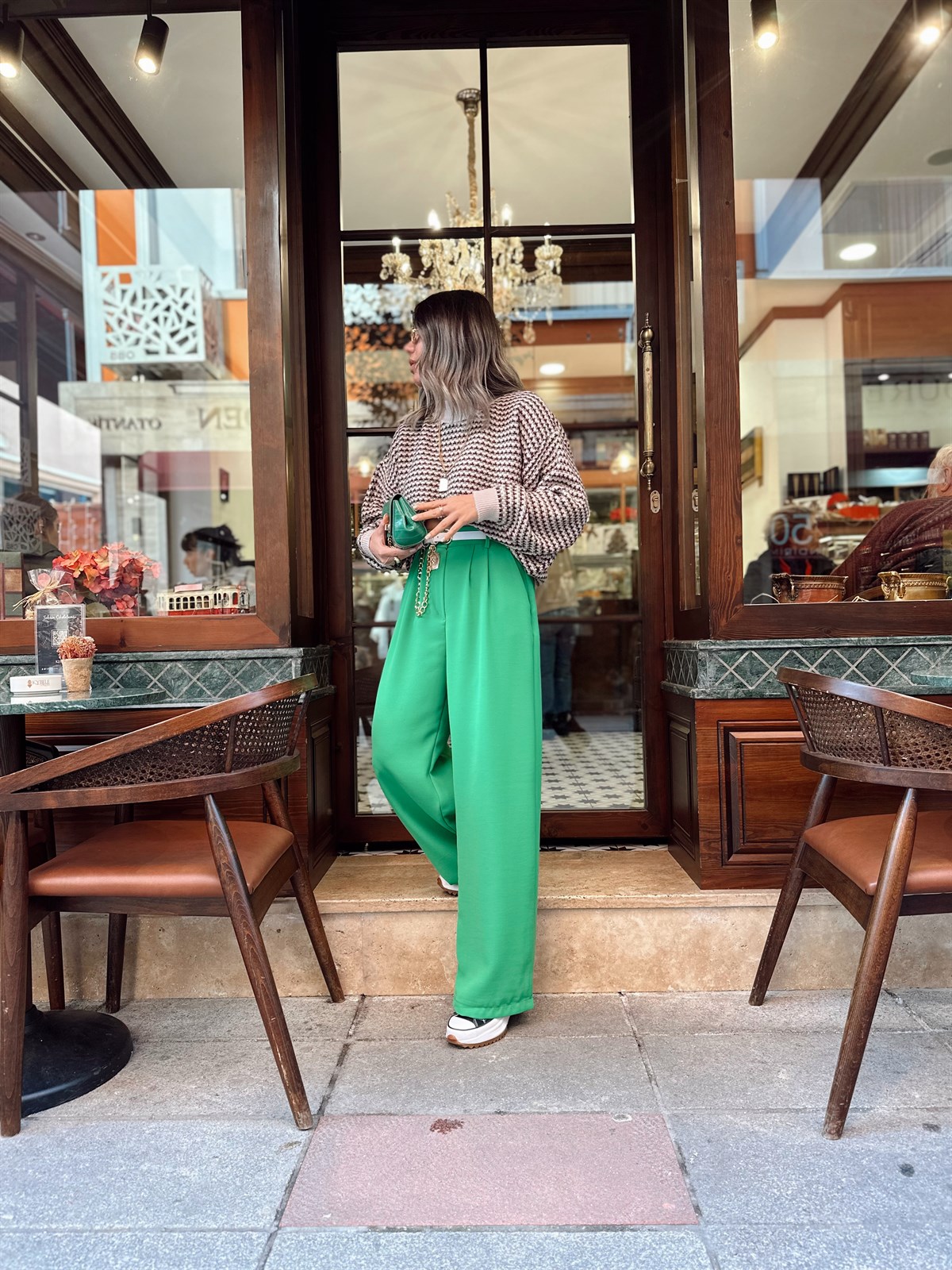 Yeşil Beli Lastikli Krep Kumaş Palazzo Pantolon