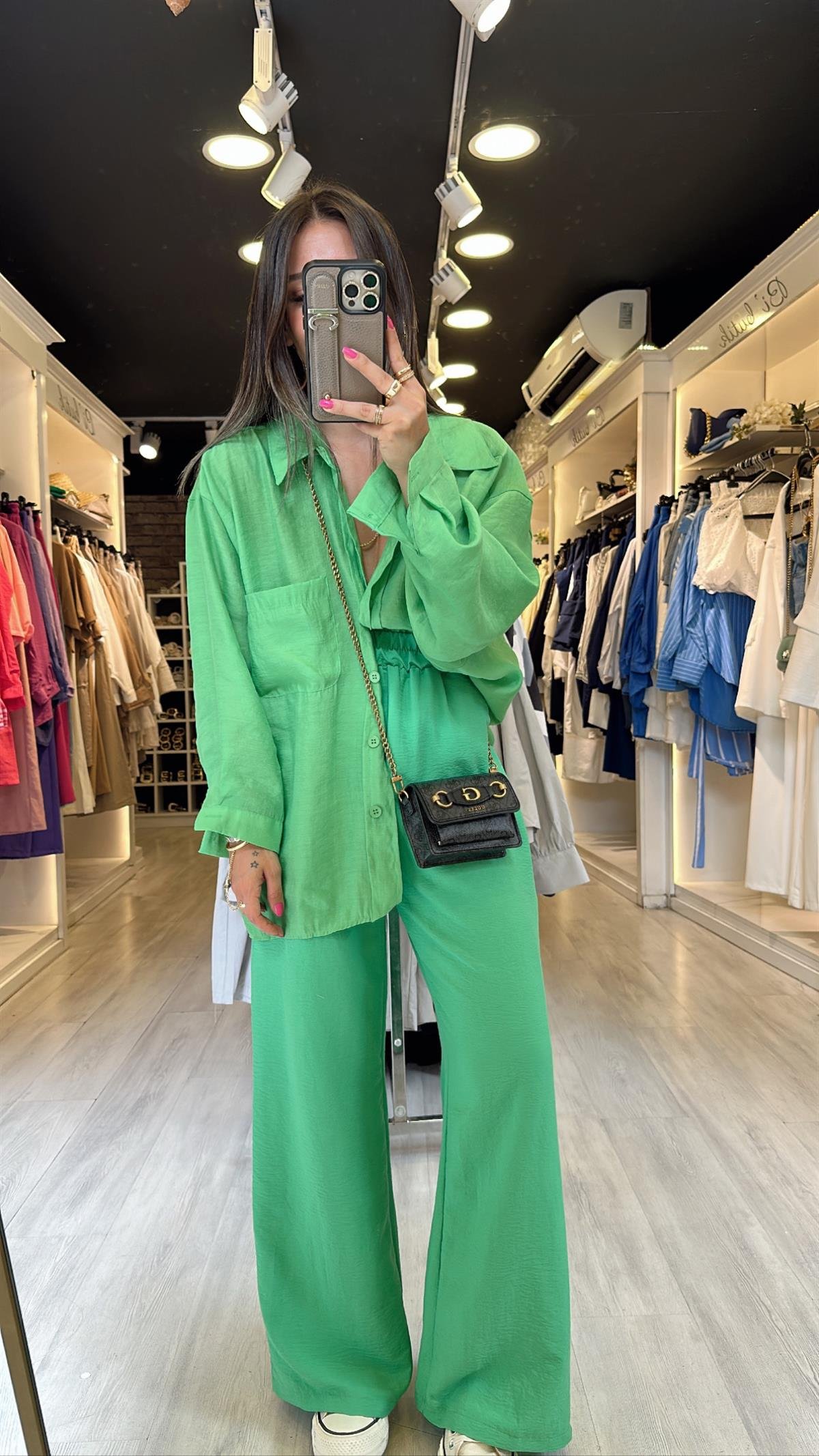 Yeşil Beli Lastikli Tensel Bol Paça Pantolon