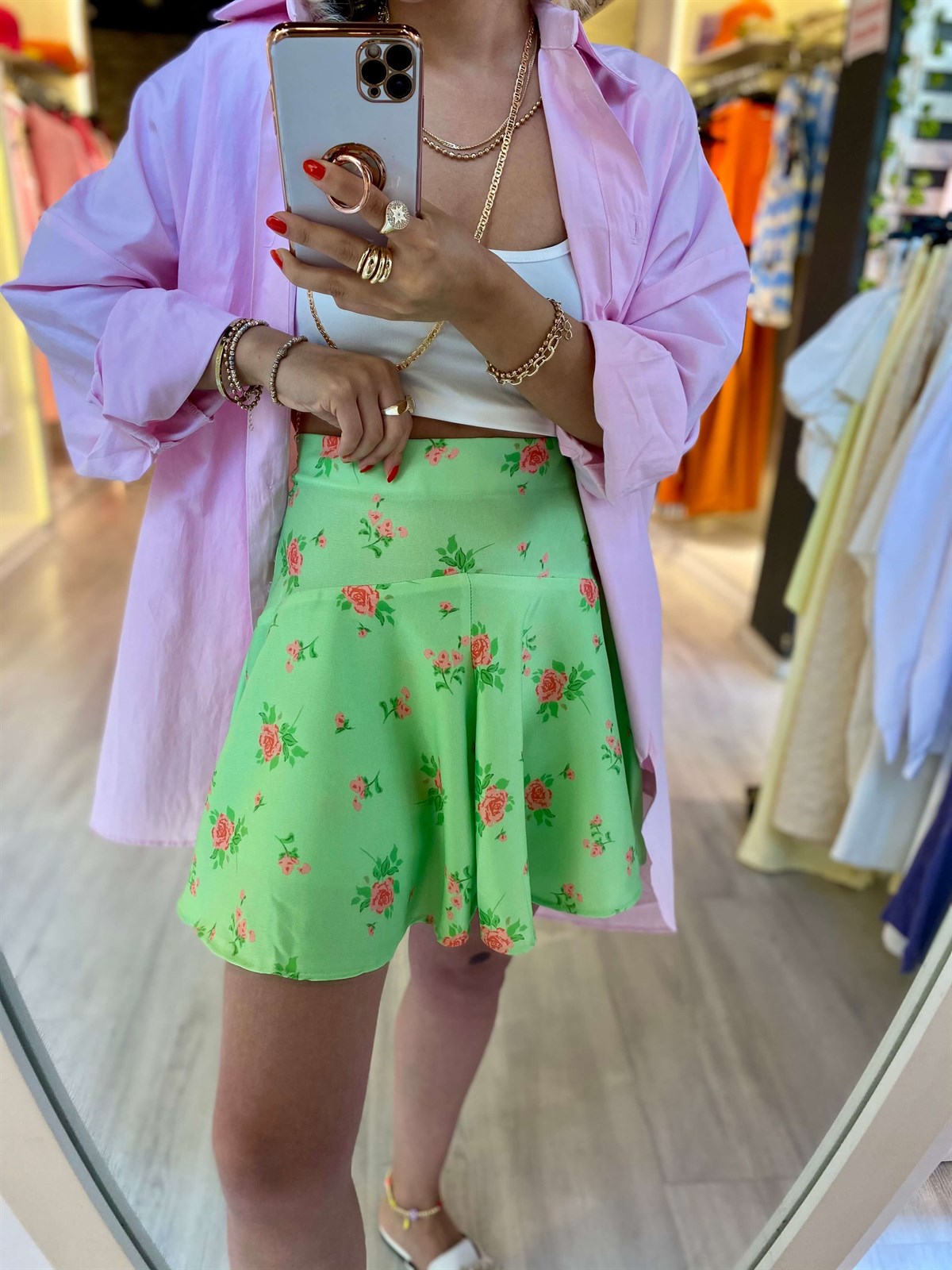 Yeşil Çicekli Saten Şort Etek