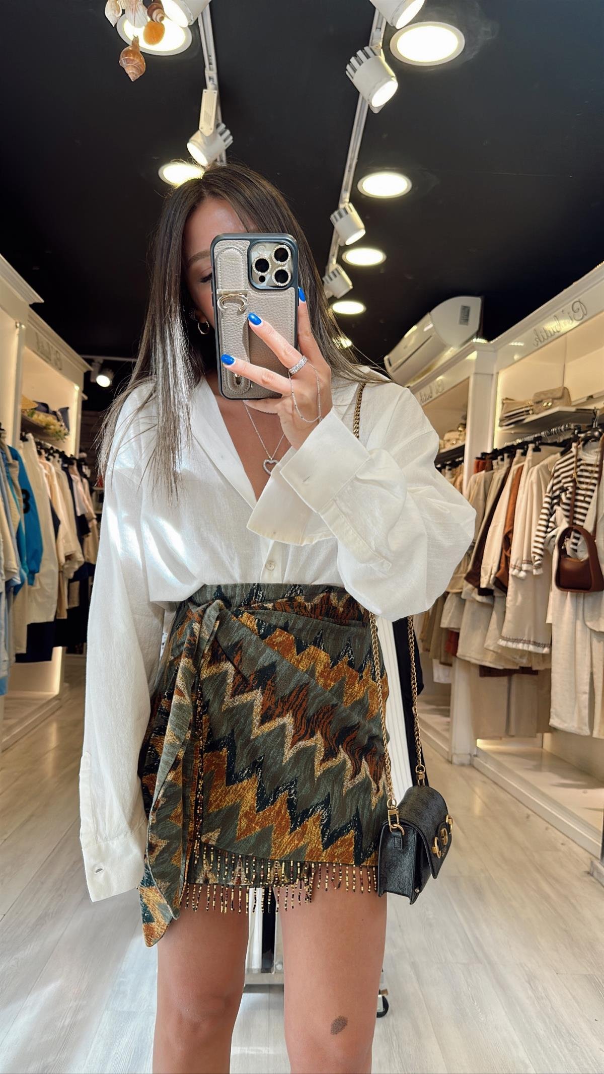 Yeşil Etnik Desen Boncuklu Bağlamalı Etek 