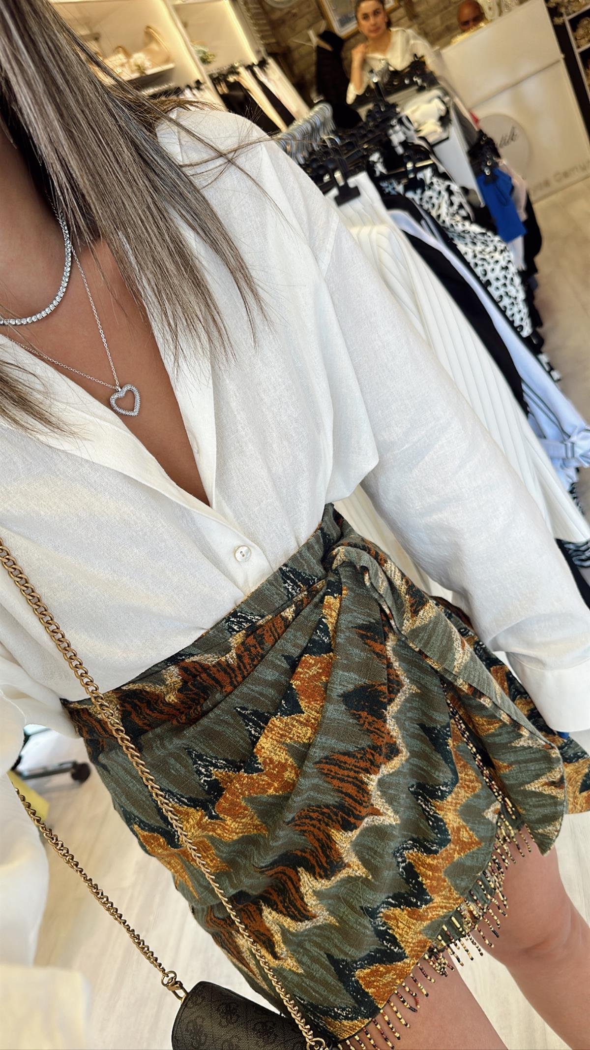 Yeşil Etnik Desen Boncuklu Bağlamalı Etek 