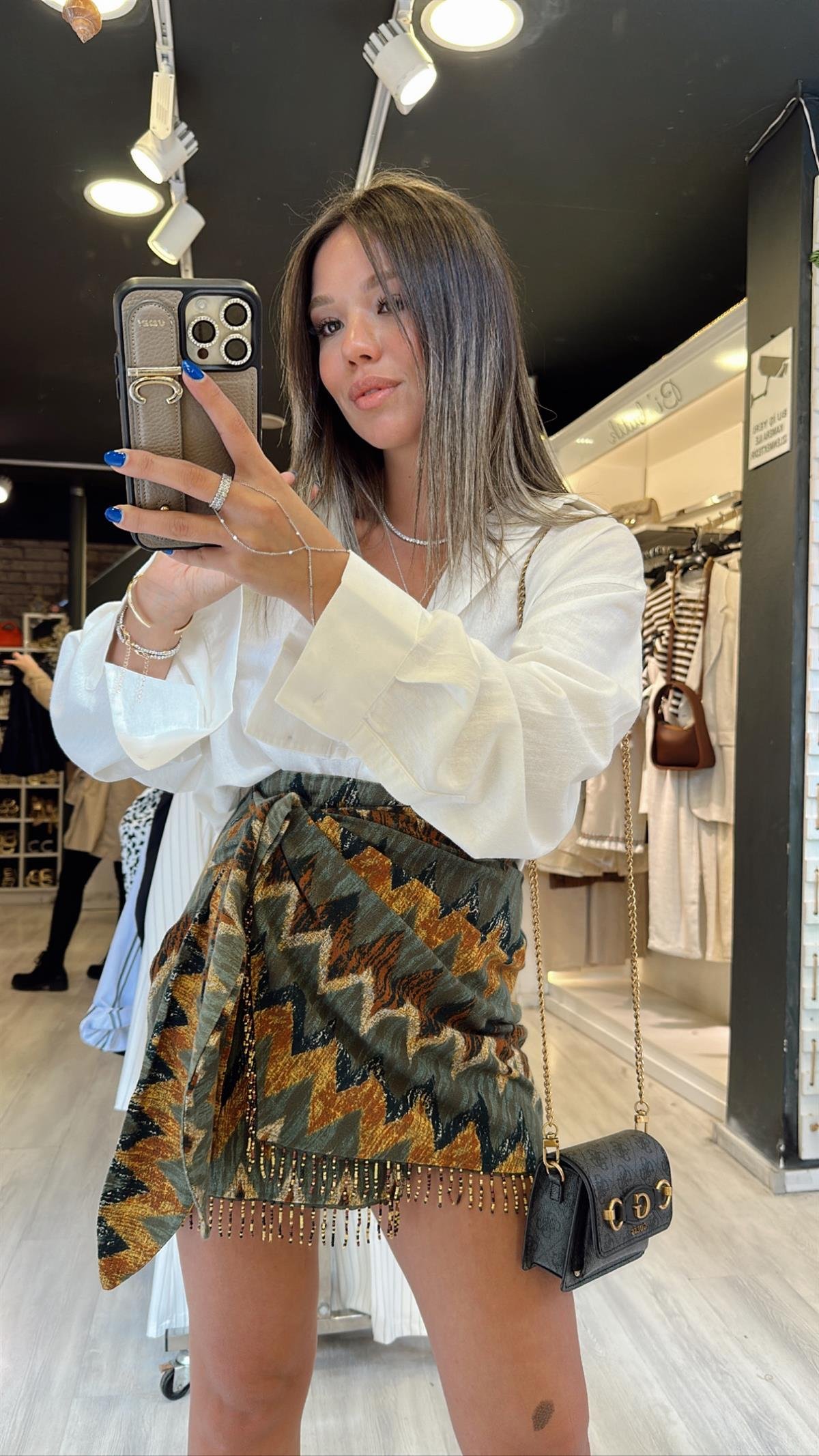 Yeşil Etnik Desen Boncuklu Bağlamalı Etek 