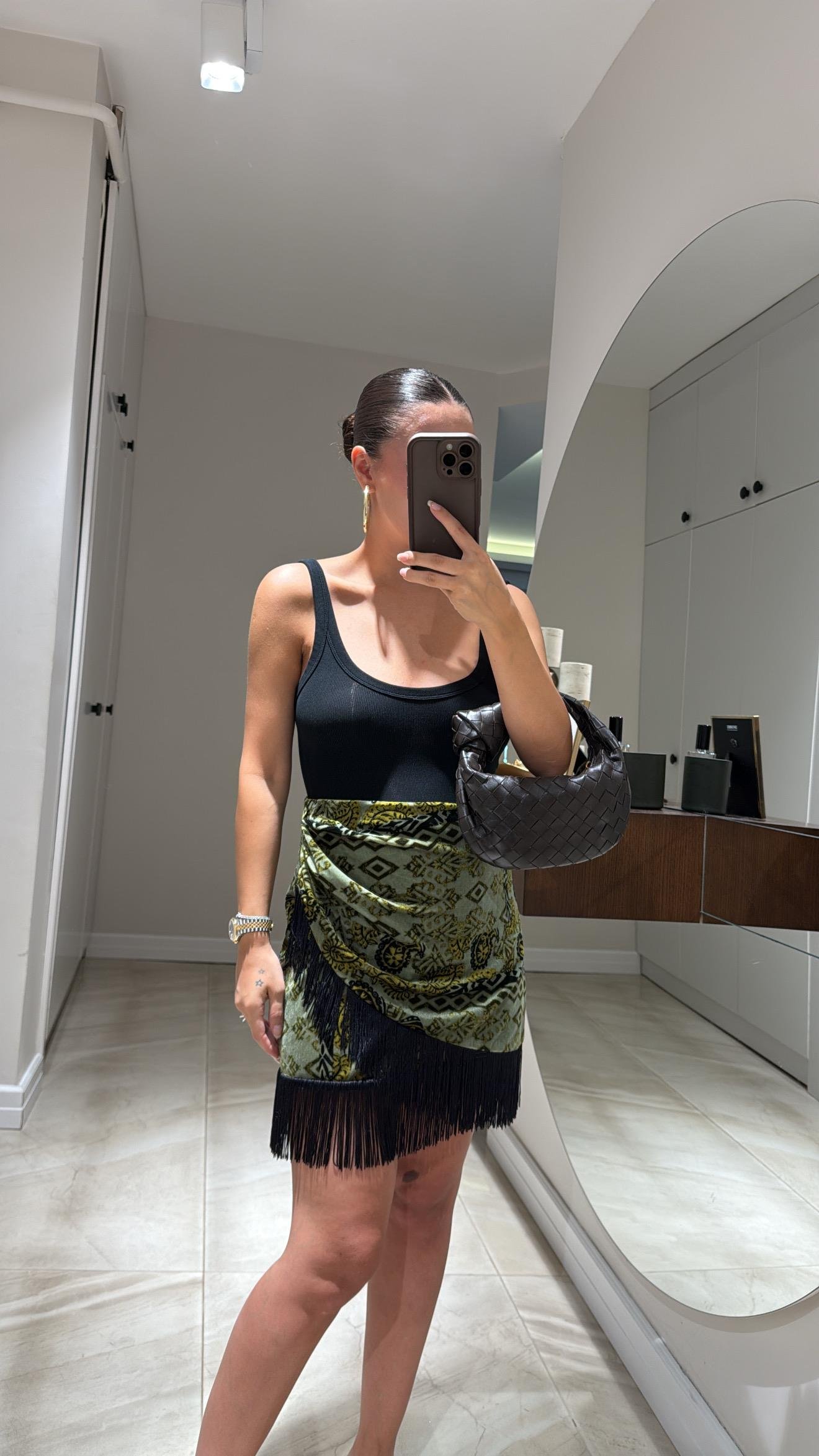 Yeşil Püskül Detaylı Kadife Etek