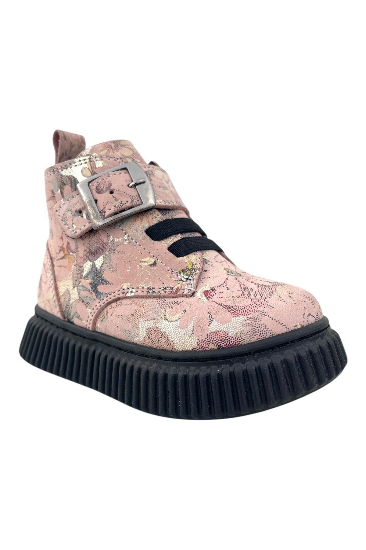 Aquarium Nakışlı Deri ve Ortopedik Bebe Bot Pudra