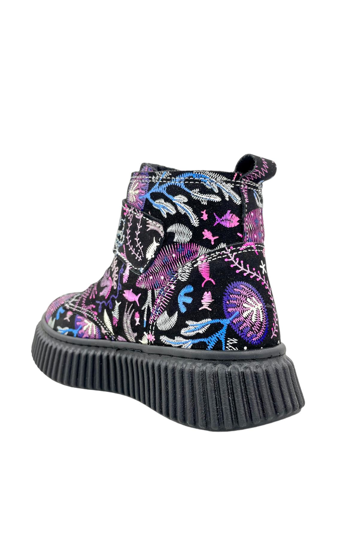 Aquarium Nakışlı Deri ve Ortopedik Bebe Bot Siyah-Fuşya