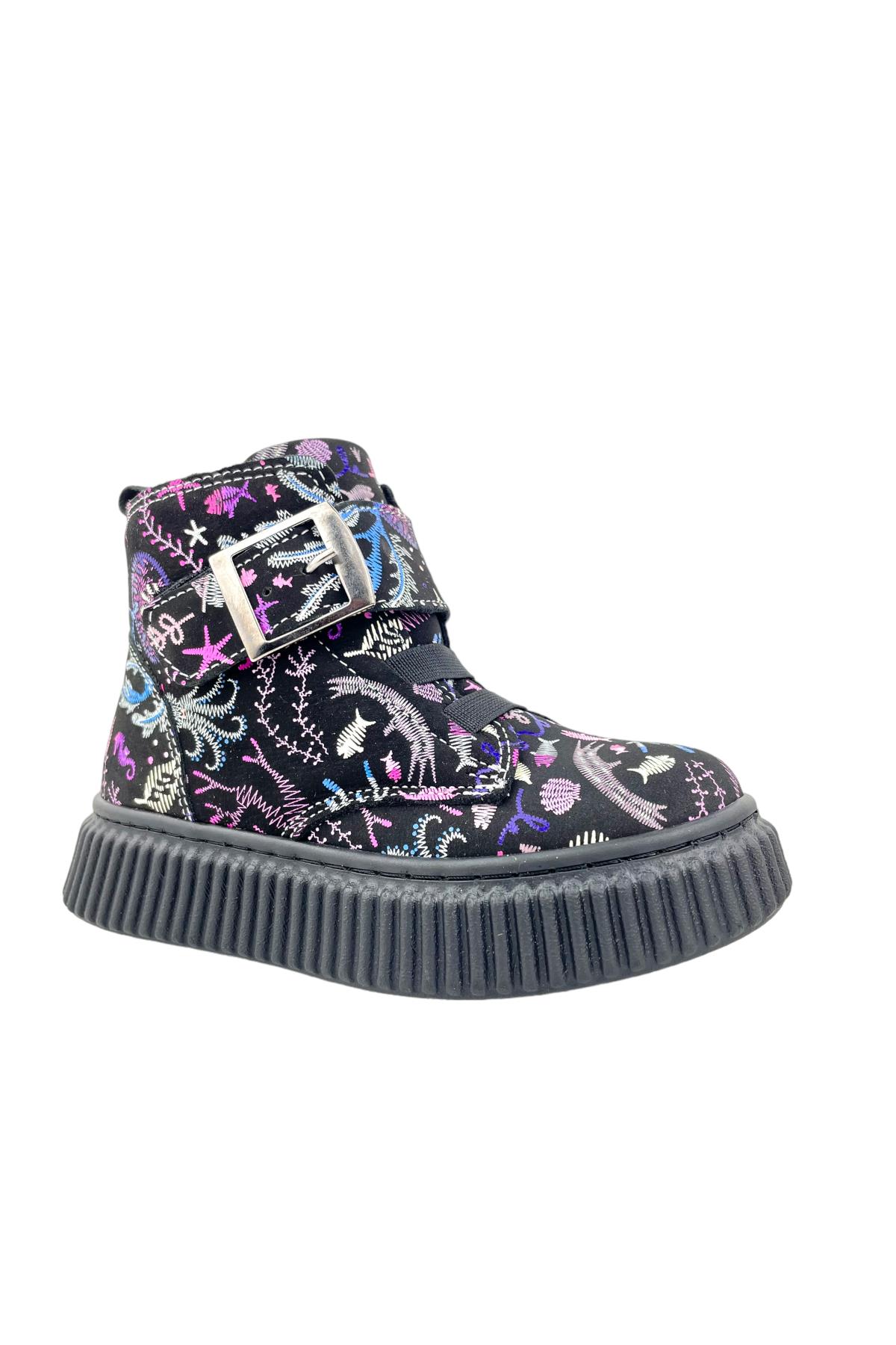 Aquarium Nakışlı Deri ve Ortopedik Bebe Bot Siyah-Fuşya