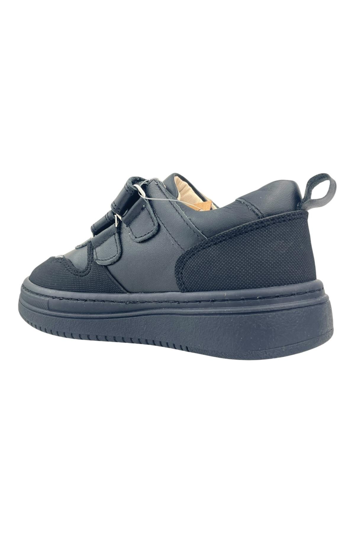 Çocuk Siyah Deri Gri Şeritli Okul Ayakkabısı Siyah