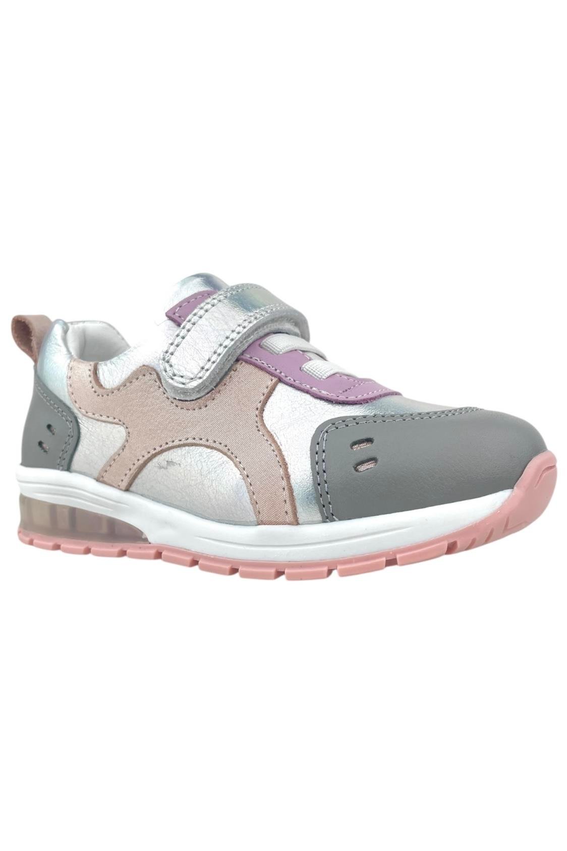Deri ve Ortopedik Destekli Kız Çocuk Işıklı Ayakkabı Gri-Pudra