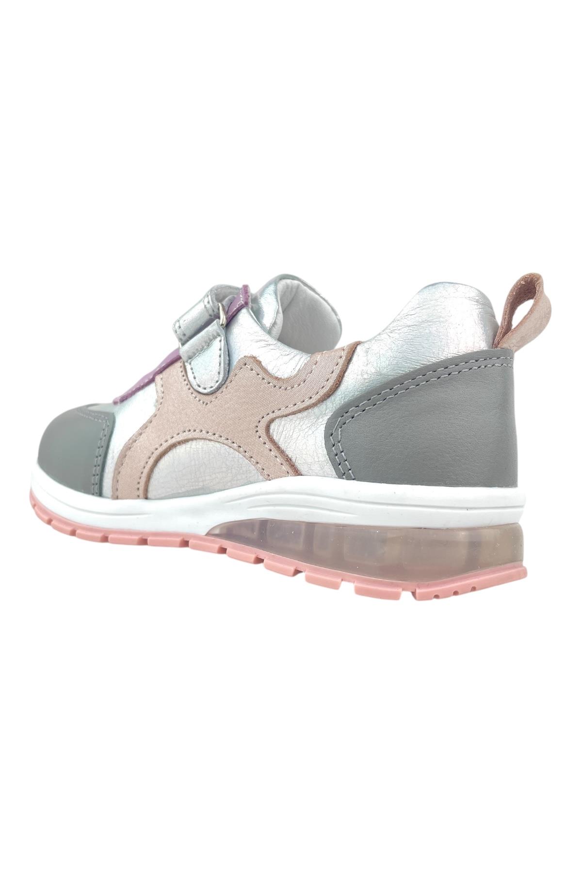 İçi ve Dışı Gerçek Deri Destekli Kız Çocuk Işıklı Ayakkabı Gri-Pembe