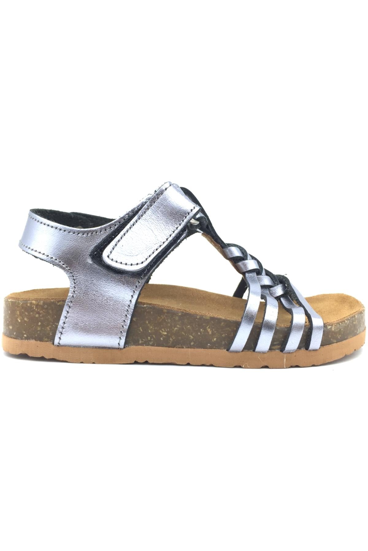 Mantar Taban Deri Örgülü Kız Sandalet Platin