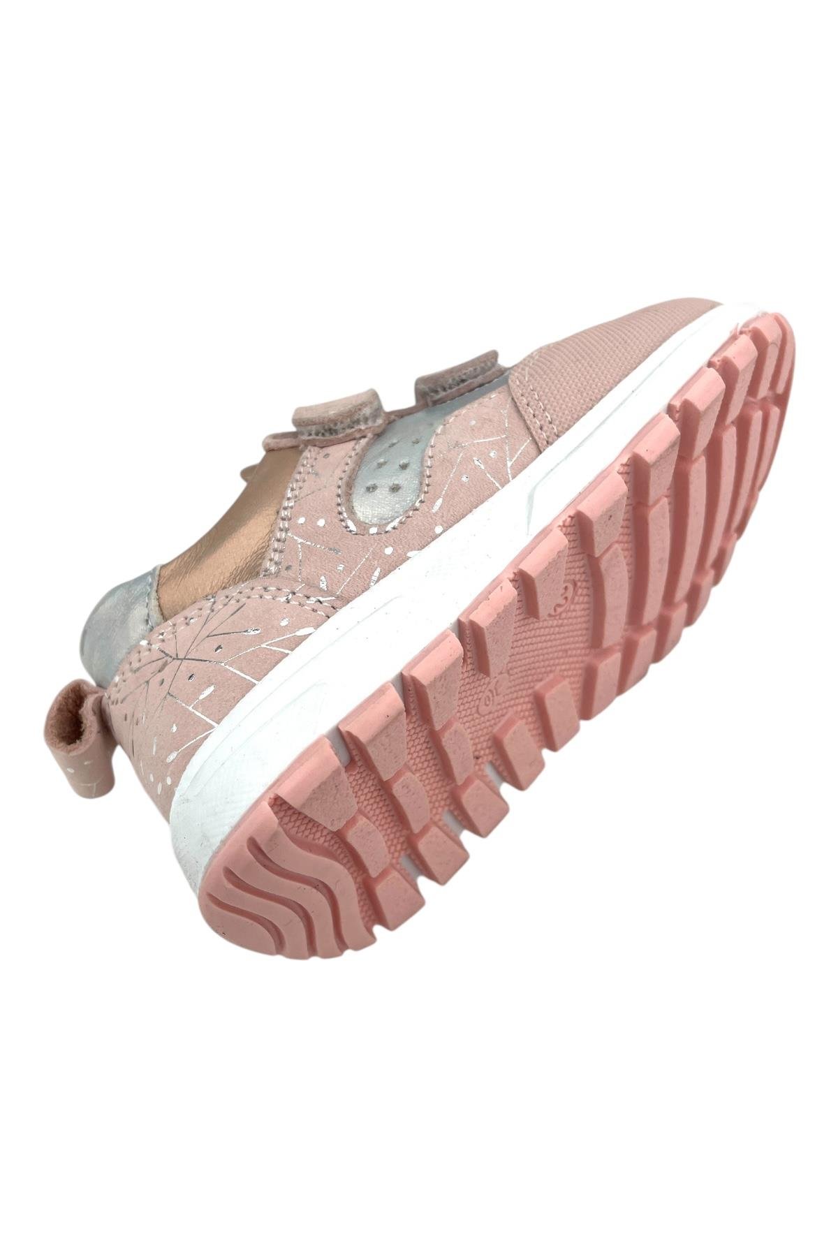 Marmara Çift Cırtlı Deri Geniş Kalıp Kız Çocuk Ayakkabısı Pudra Hologram
