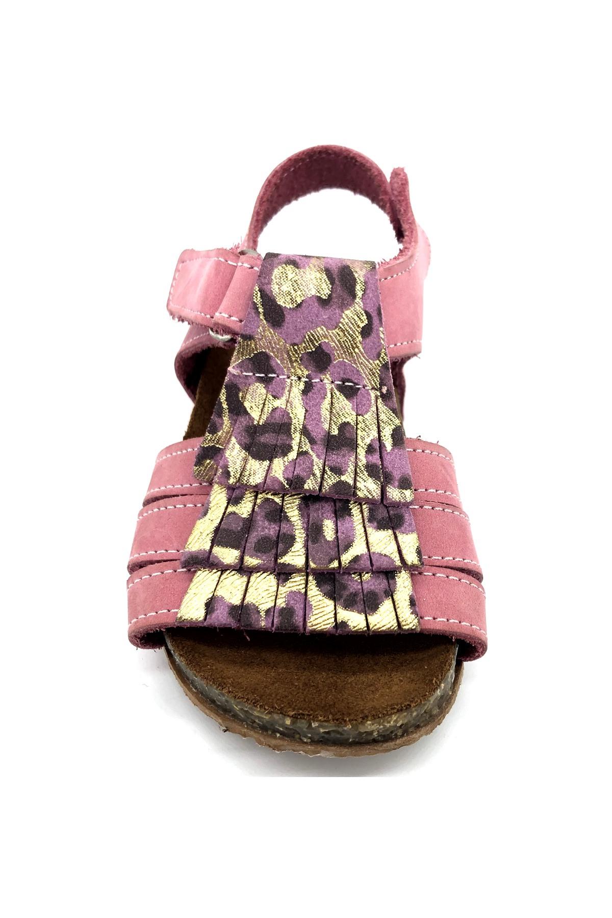 Püsküllü Mantar Taban Deri Sandalet Pembe Leopar