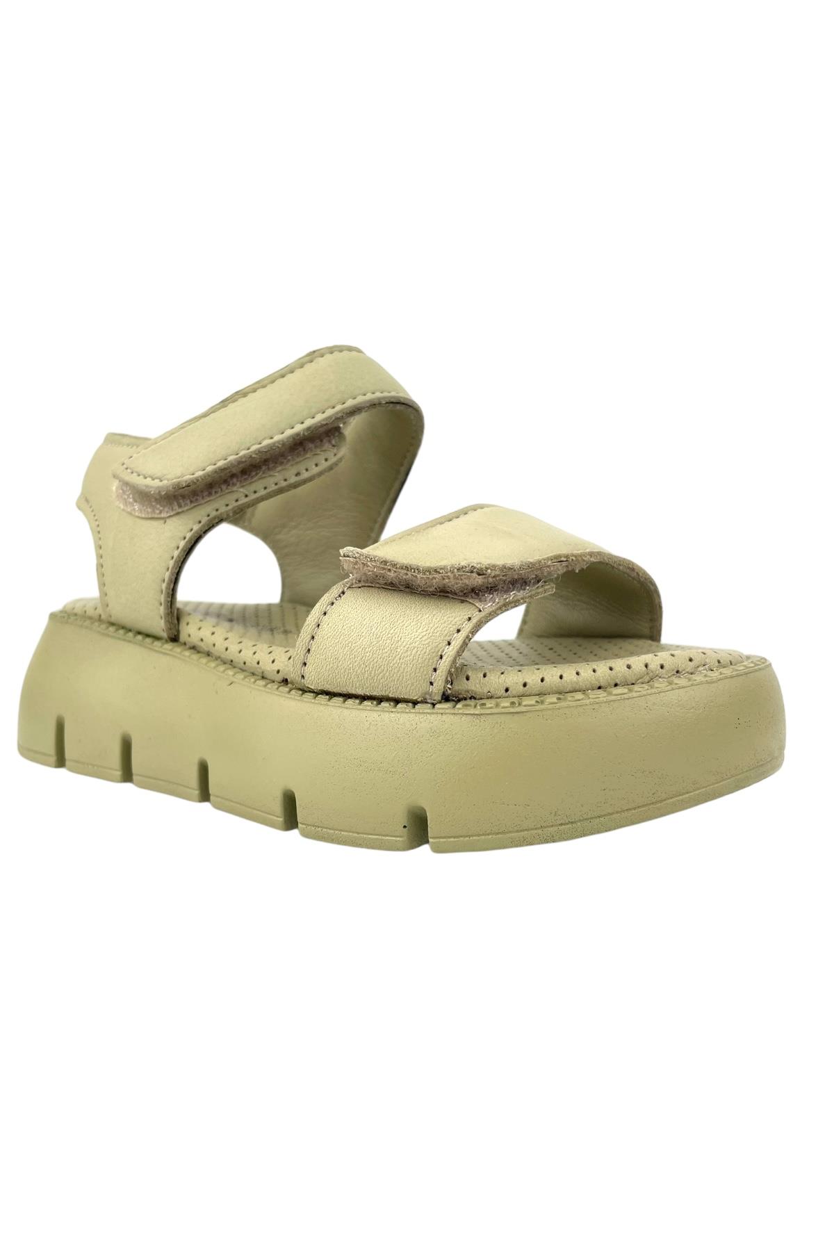 Top Level Hakiki Deri Çocuk Sandalet Olive