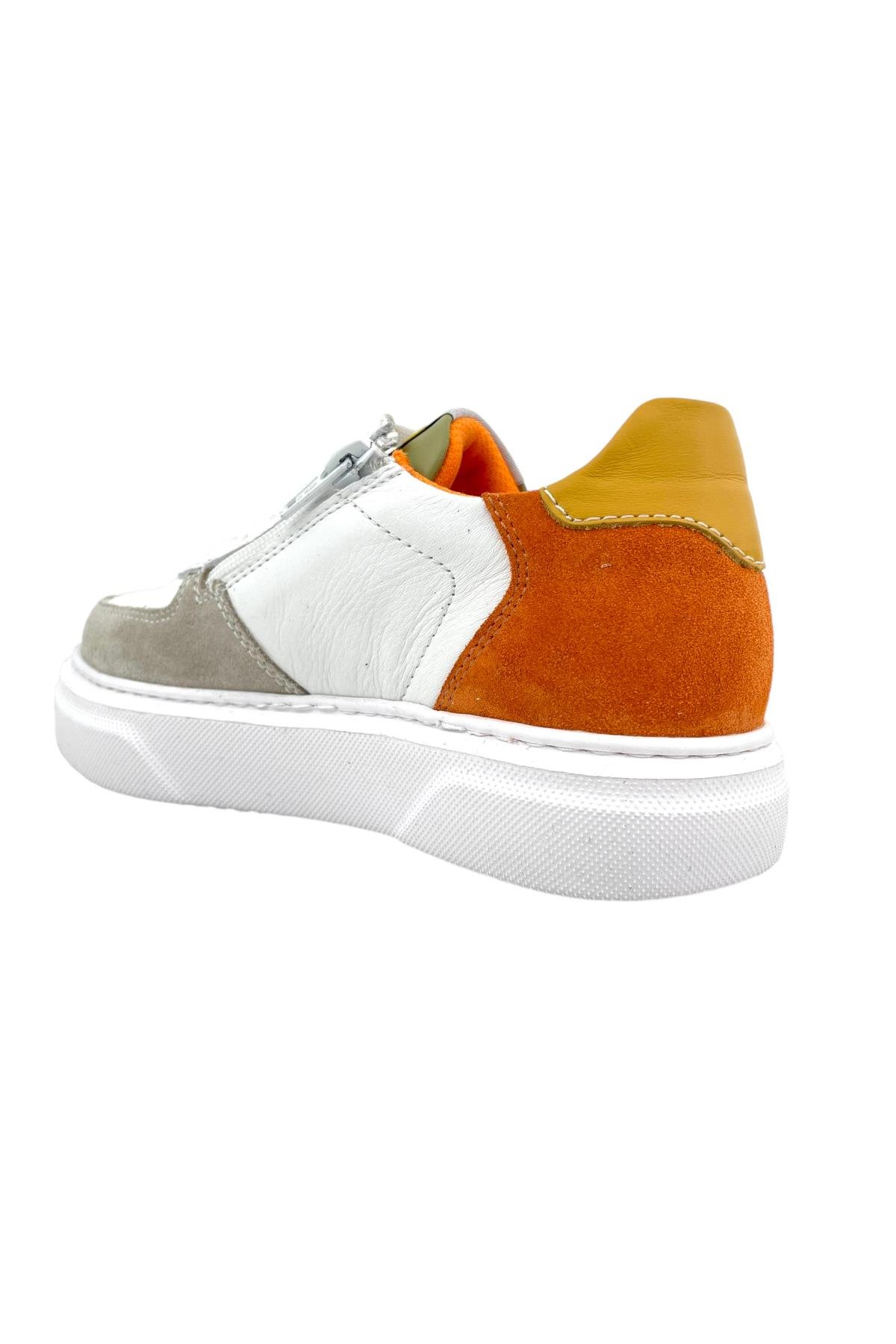 Trendy Bağcıklı Casual Deri Spor Ayakkabı Beyaz-Turuncu