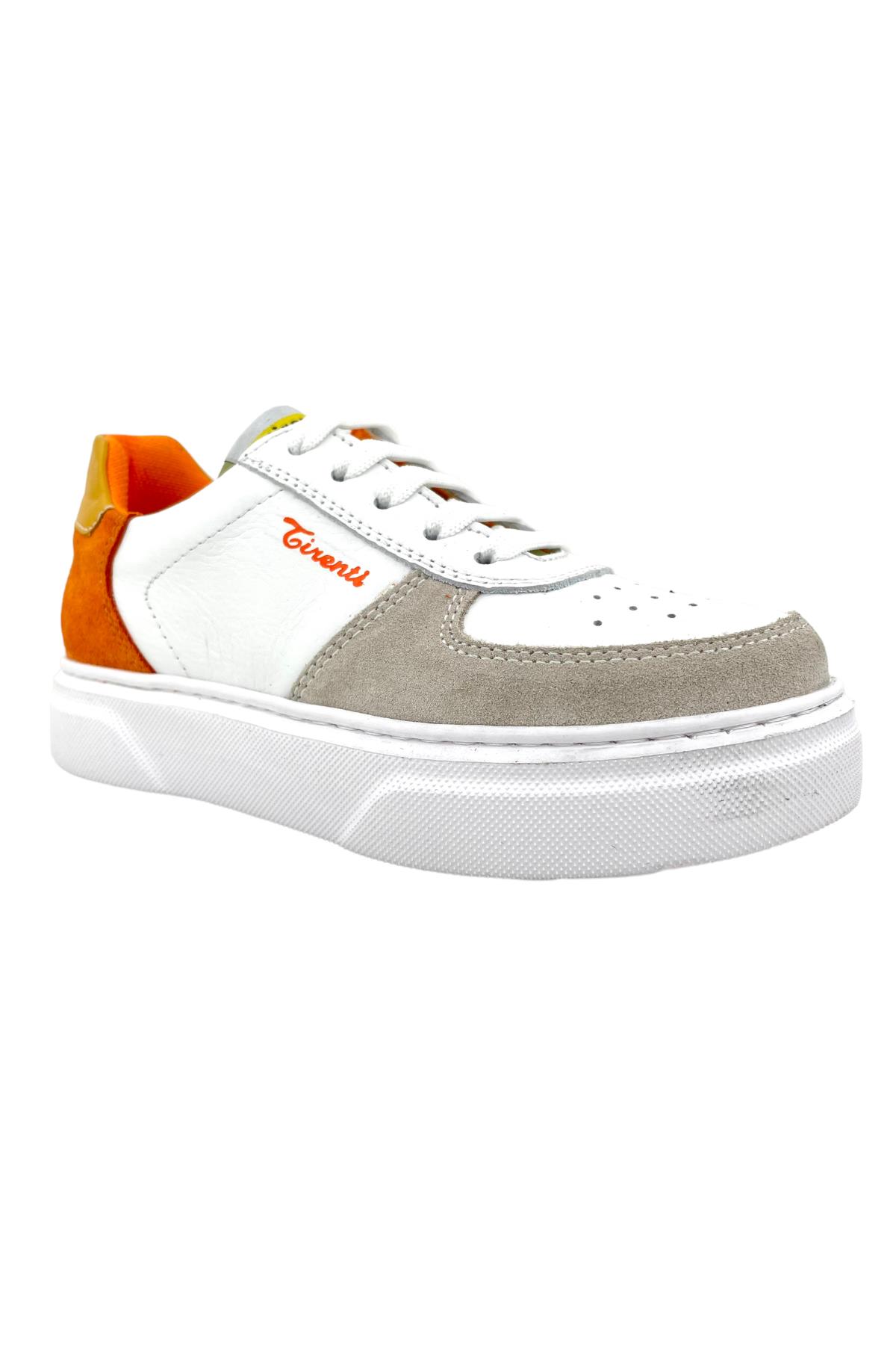 Trendy Bağcıklı Casual Deri Spor Ayakkabı Beyaz-Turuncu