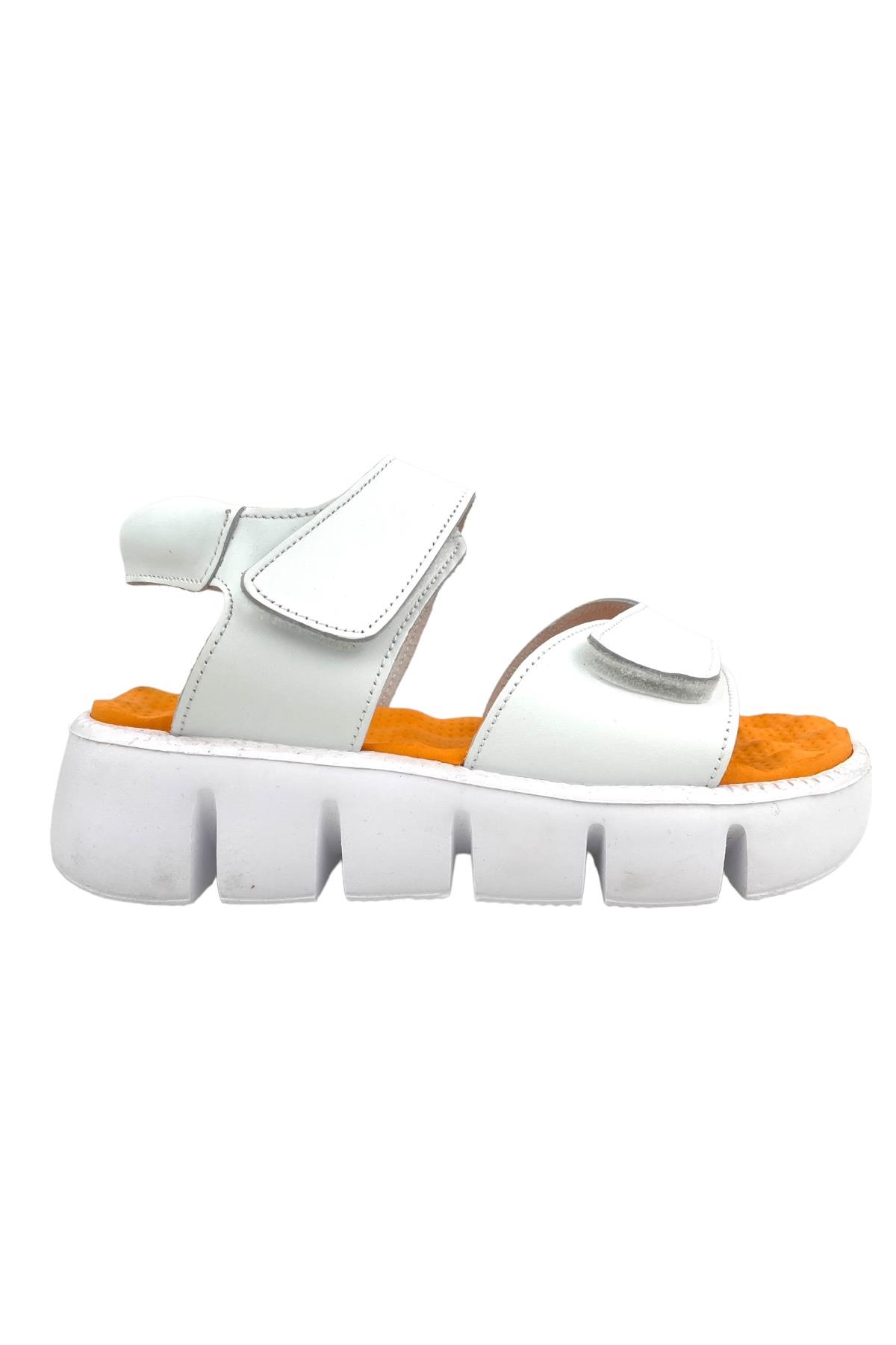 Yüksek Taban Çift Cırtlı Genç Kız Sandalet Beyaz