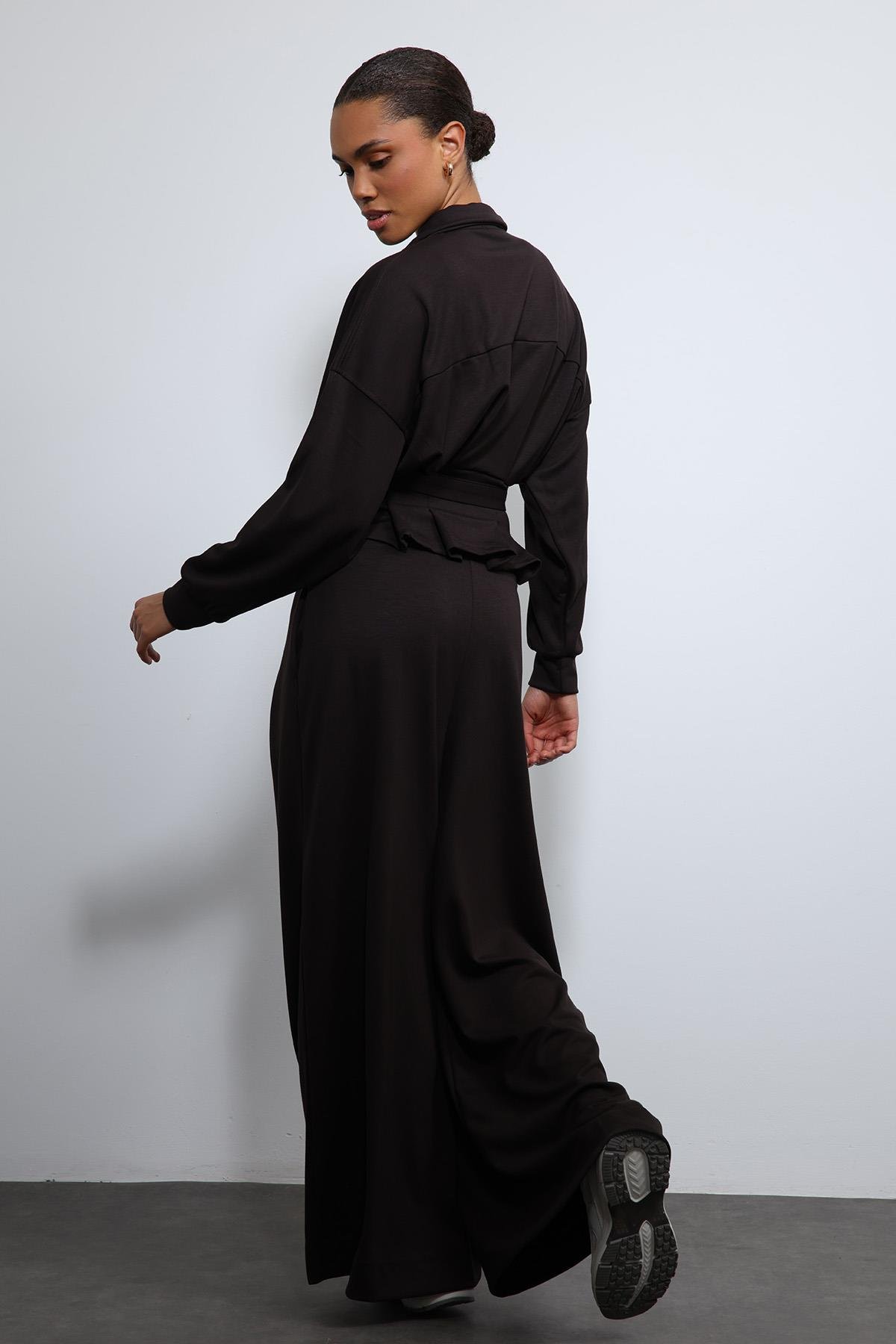 Antioch Acı Kahve Bel Kemerli Geniş Paça Pantolonlu Takım