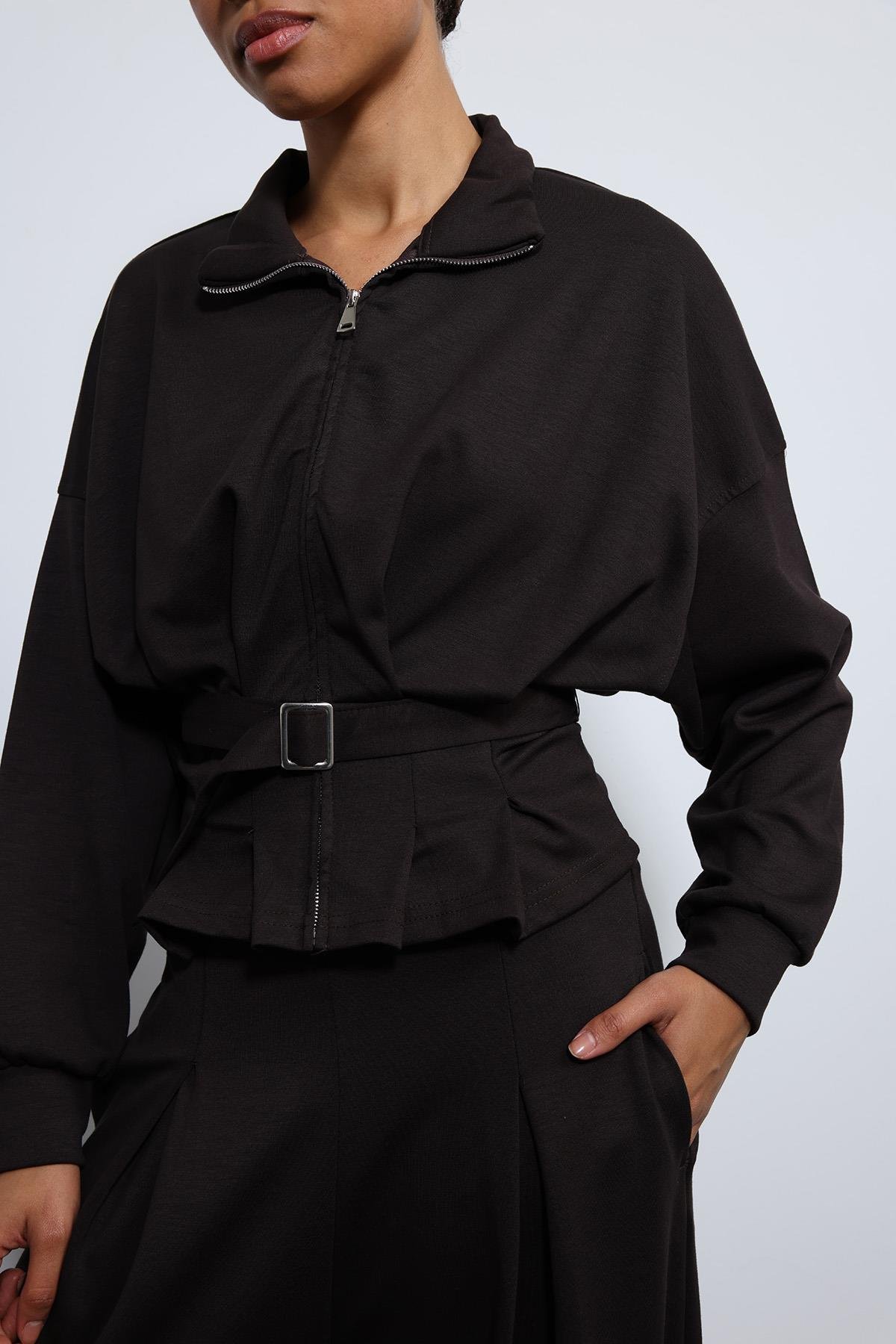 Antioch Acı Kahve Bel Kemerli Geniş Paça Pantolonlu Takım