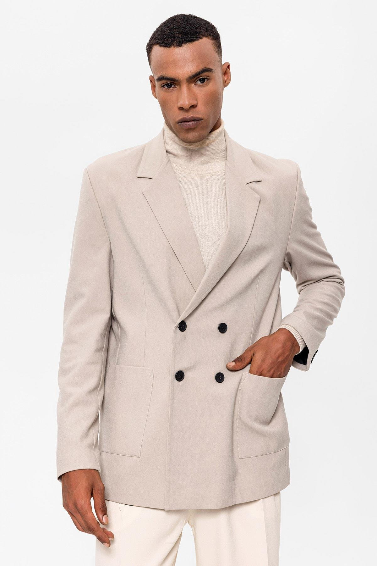 Antioch Açık Bej Torba Cepli Kruvaze Erkek Blazer Ceket