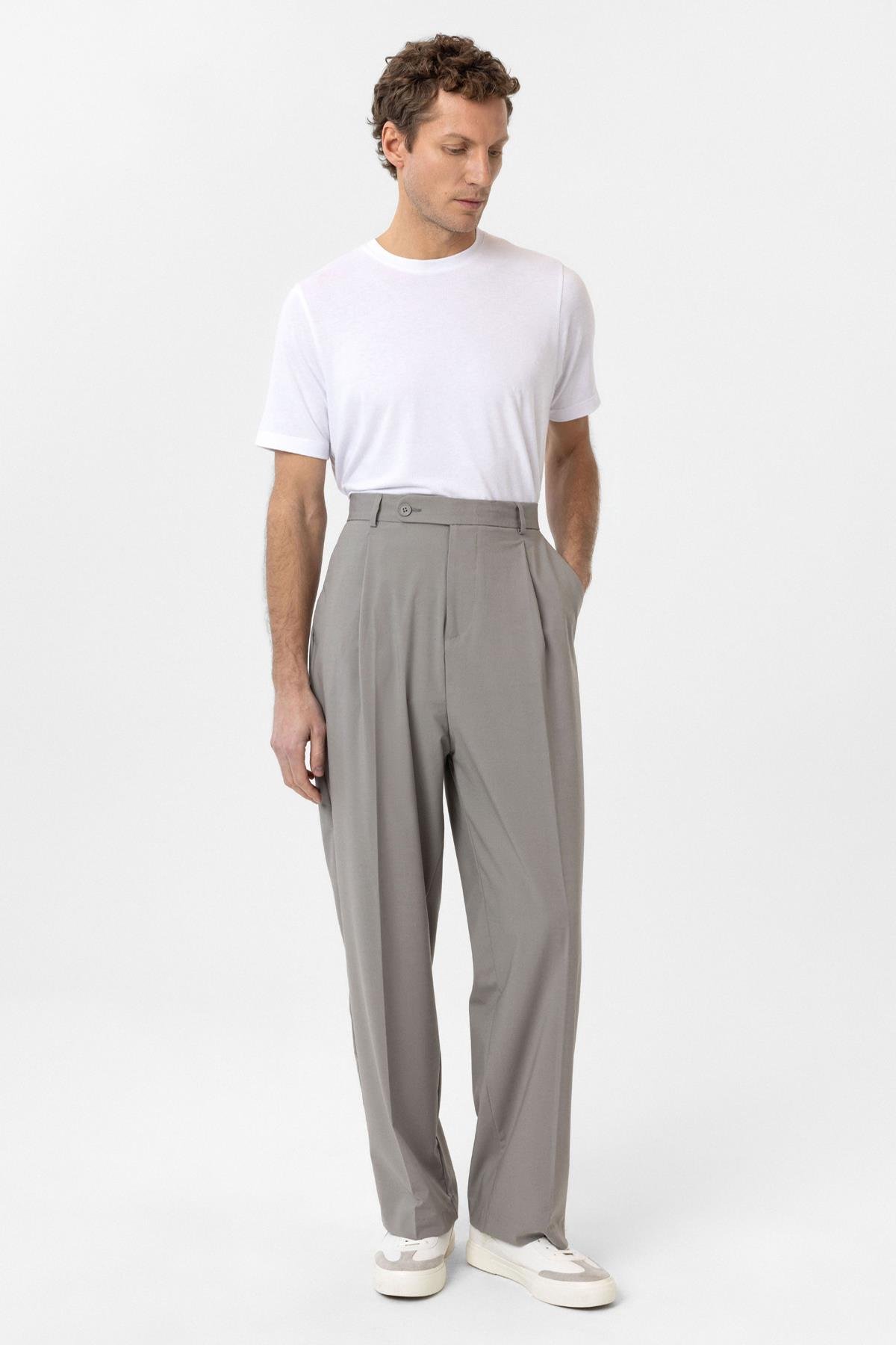 Antioch Açık Gri Baggy Yüksek Bel Erkek Kumaş Pantolon