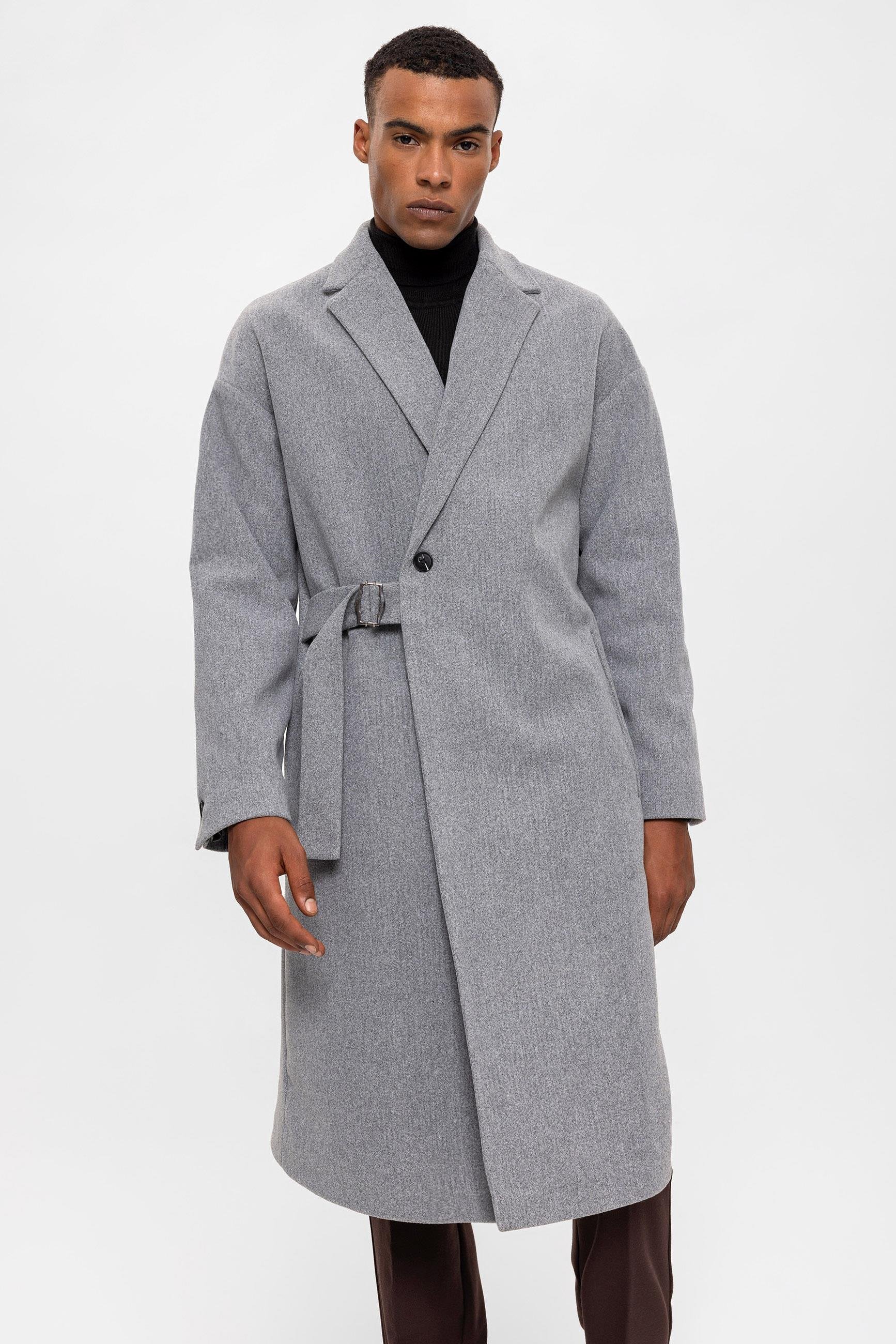 Antioch Açık Gri Kuşaklı Oversize Erkek Kaban