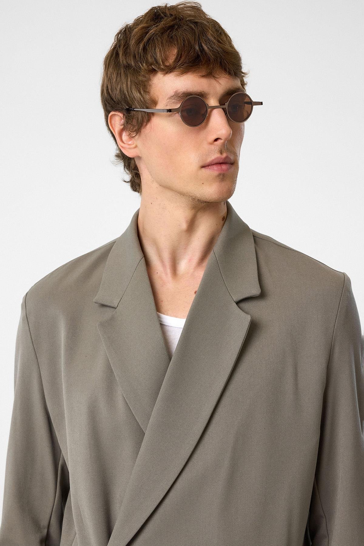 Antioch Açık Haki Kruvaze Kapama Gizli Cep Erkek Blazer Ceket