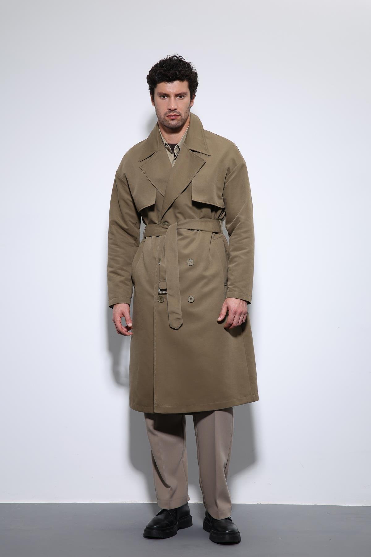 Antioch Açık Haki Kruvaze Kapama Kemerli Trençkot