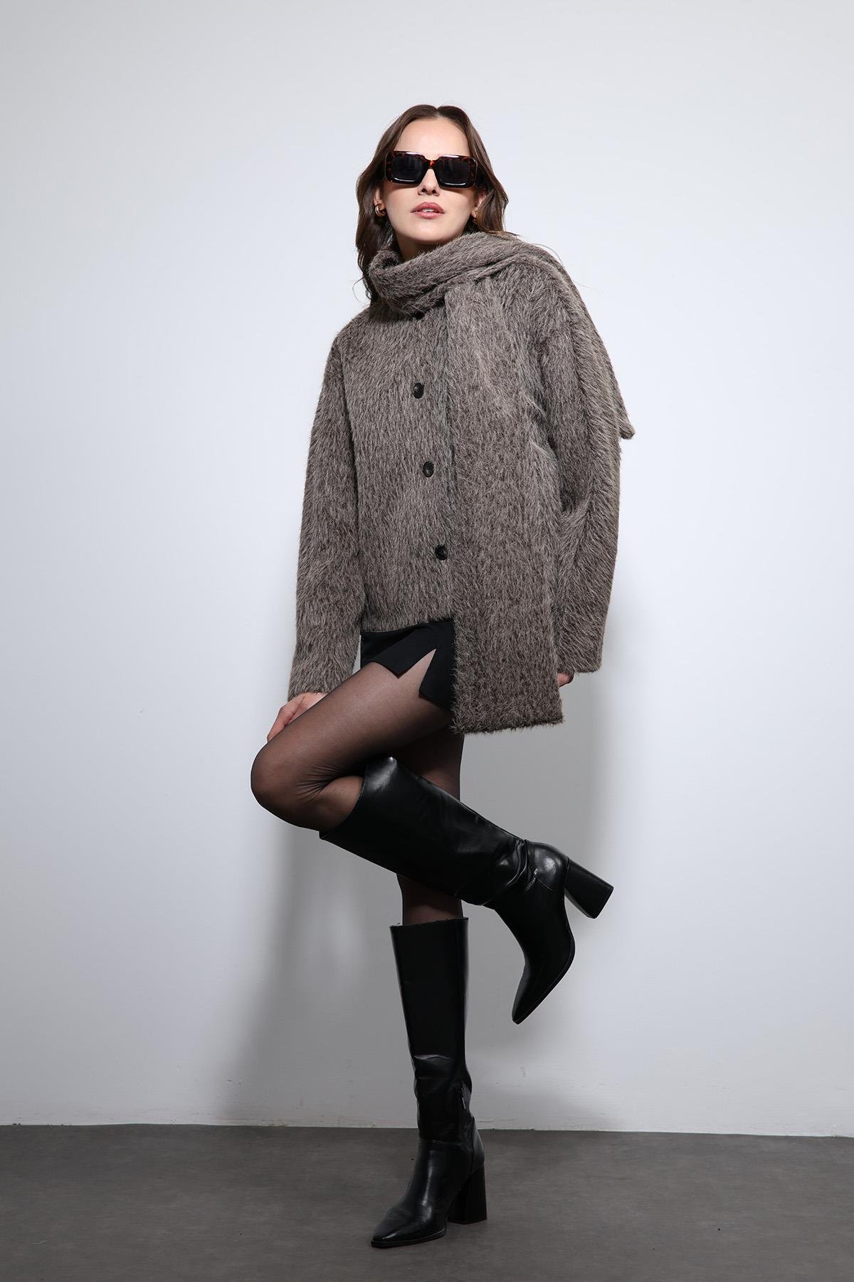 Antioch Açık Kahve Atkı Yaka Suni Kürklü Kaban