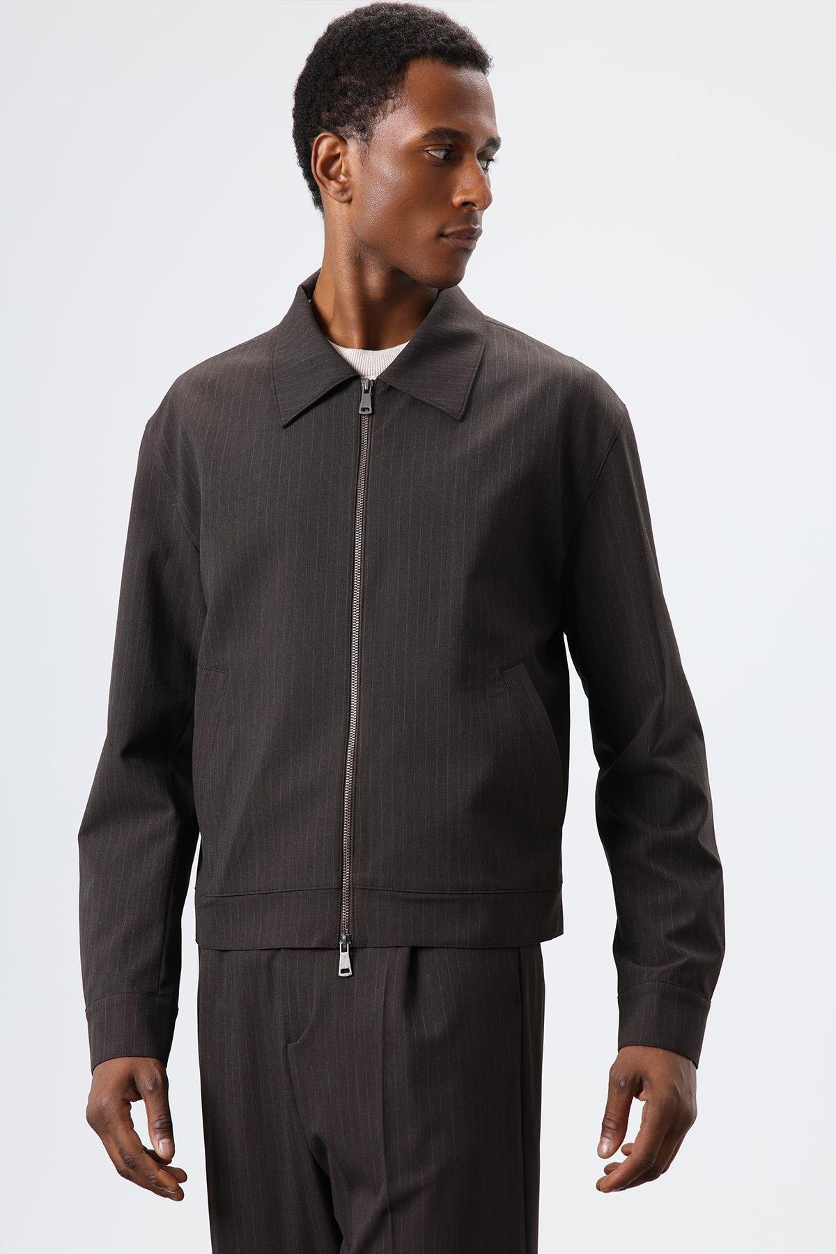 Antioch Açık Kahve Çizgili Mevsimlik Erkek Mont