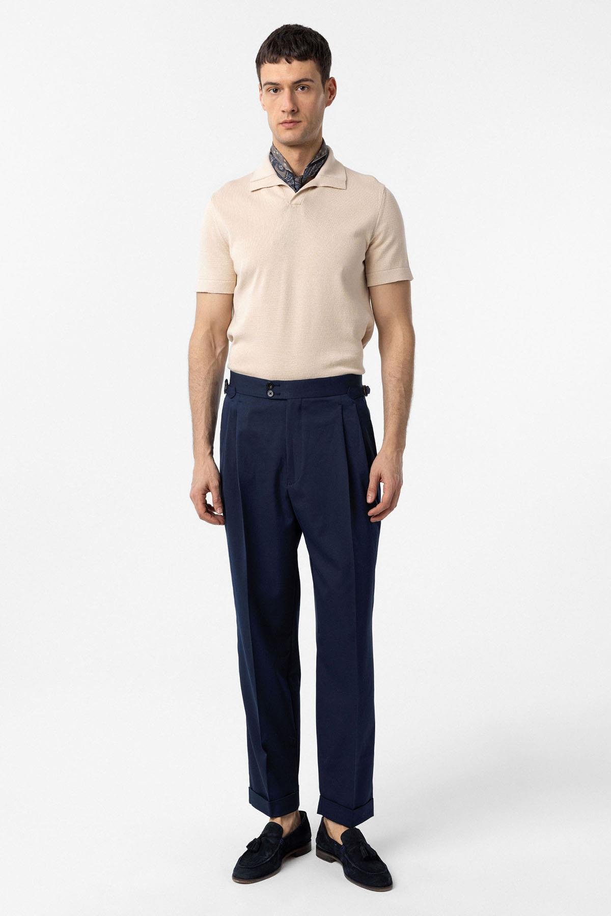 Antioch Açık Lacivert Yüksek Bel İtalyan Kalıp Pileli Erkek Pantolon