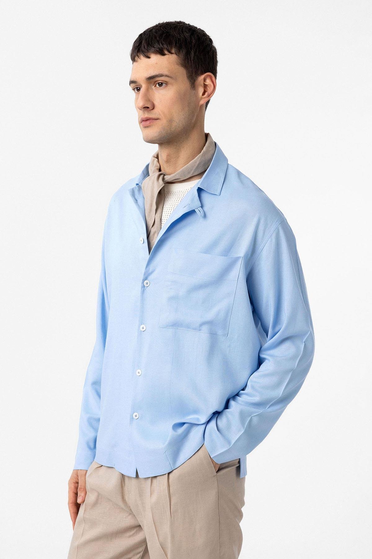 Antioch Açık Mavi Keten Karışımlı Relax Fit Erkek Gömlek