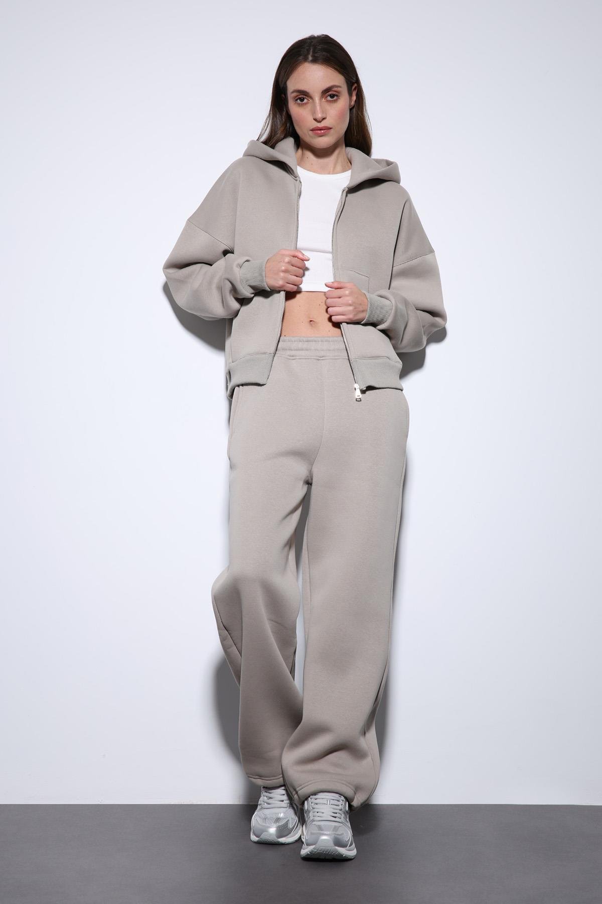 Antioch Açık Vizon Fermuarlı Kapüşanlı Kadın Sweatshirt