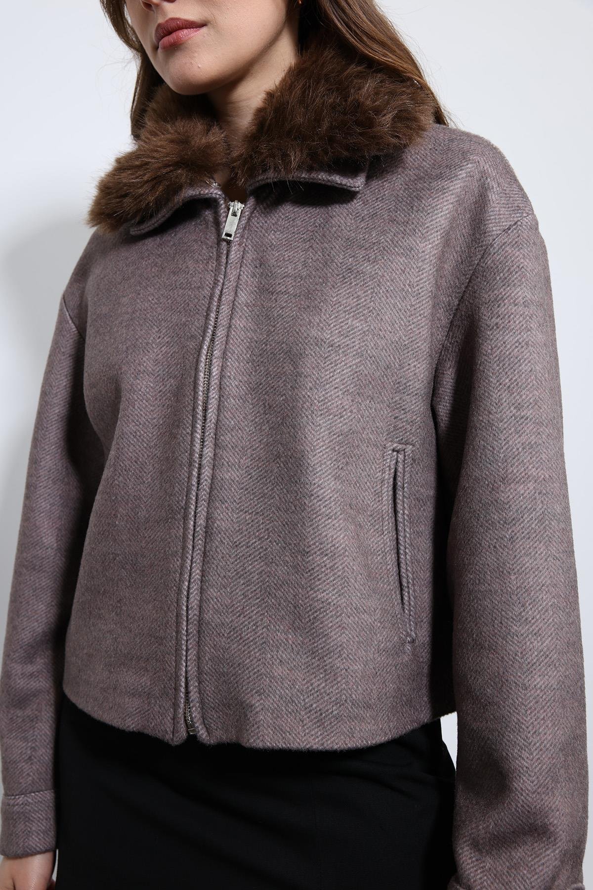 Antioch Açık Vizon Yün Karışımlı Suni Kürk Yaka Ceket