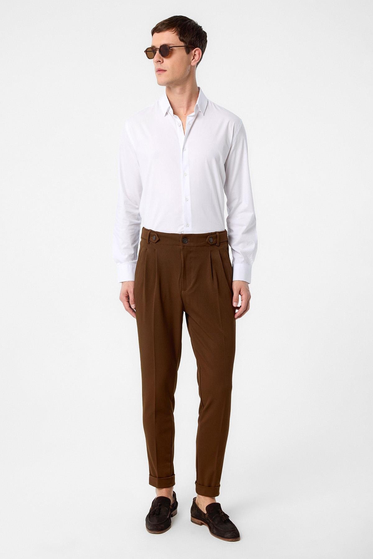 Antioch Açık Kahve Yüksek Bel (Boyfriend) Pileli Kumaş Pantolon