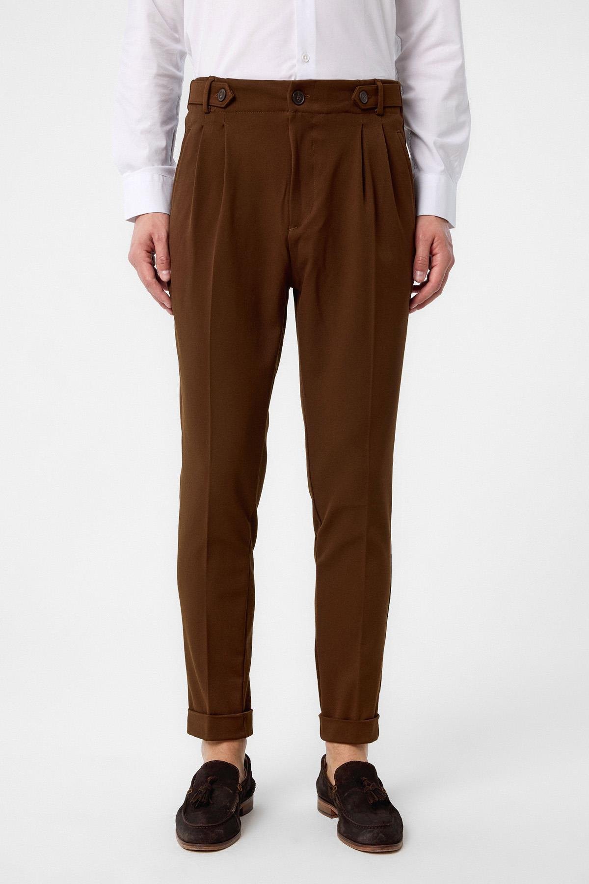 Antioch Açık Kahve Yüksek Bel (Boyfriend) Pileli Kumaş Pantolon