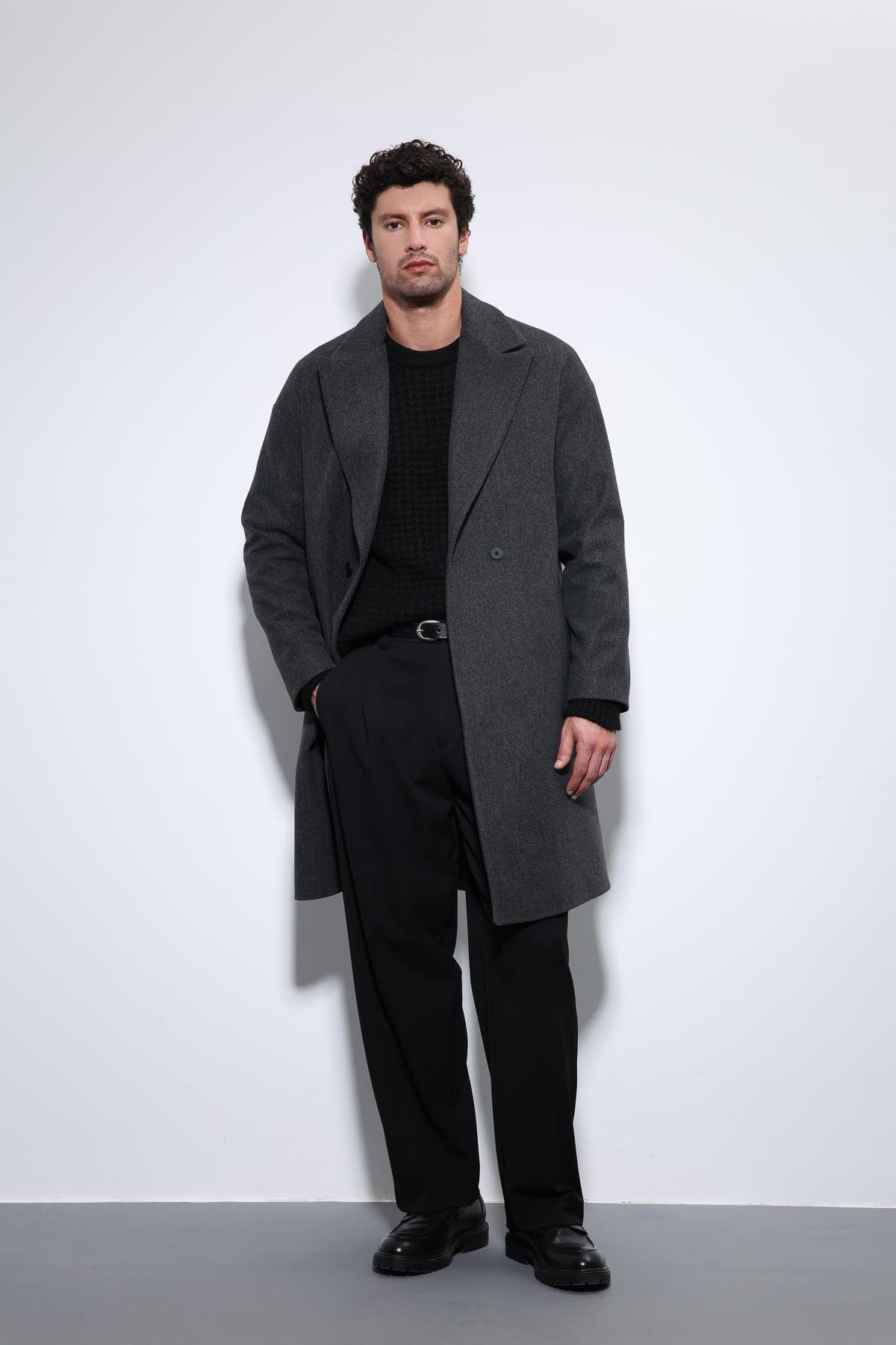 Antioch Antrasit Oversize Kruvaze Erkek Kaban